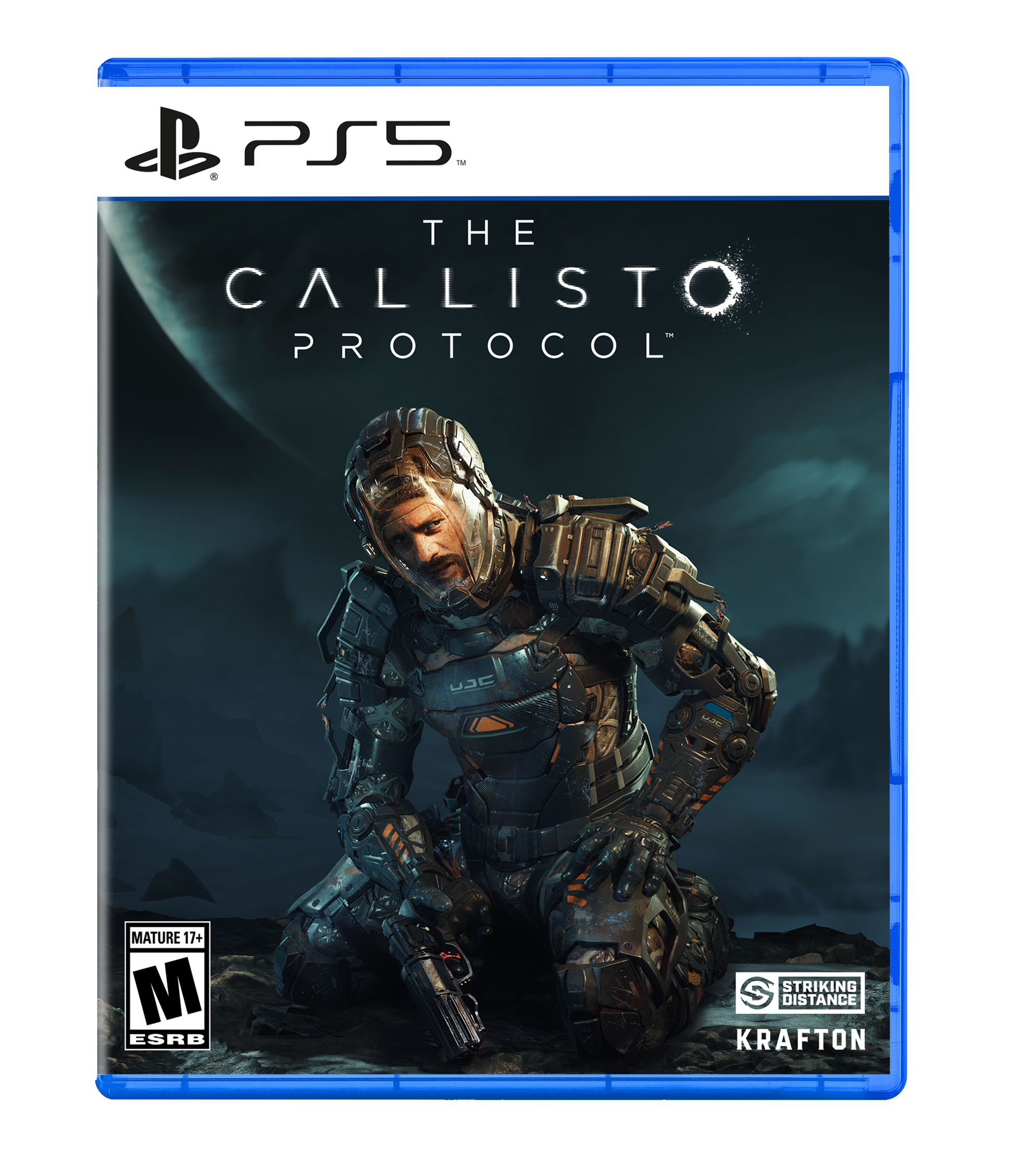 A video game case with the Play station five logo, featuring a distraught astronaut holding a gun while on his knees, located on a planet other than Earth.