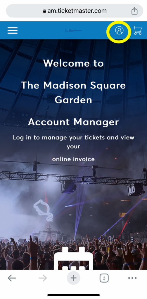 ticketmaster screencapture, with account management information and icon of person circled in yellow