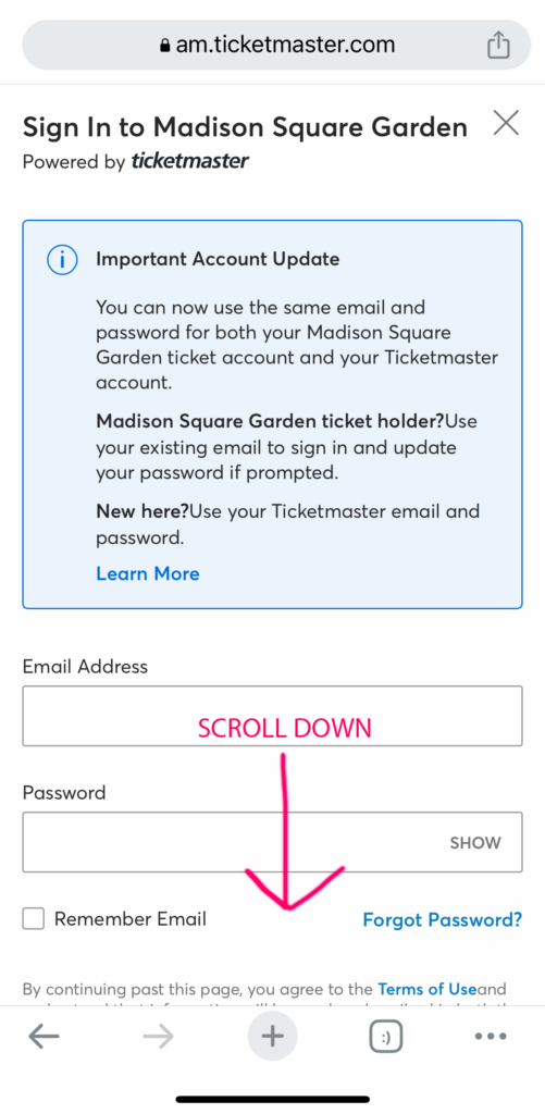 ticketmaster screencapture, with account creation information and arrow directing the user to scroll down further