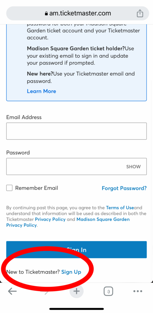 ticketmaster screencapture, with account creation information, with sign up link circled