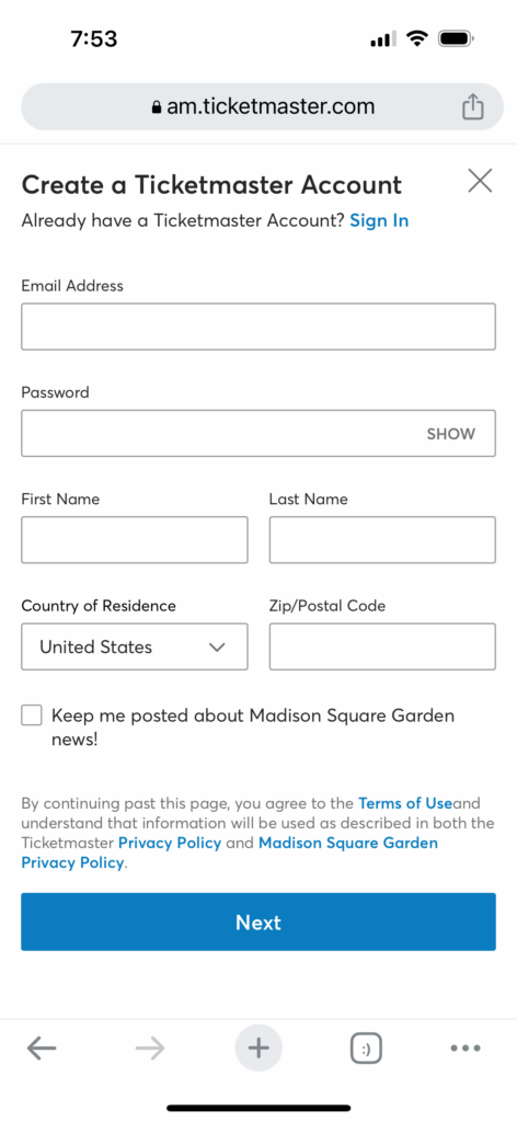 ticketmaster screencapture, with account creation information