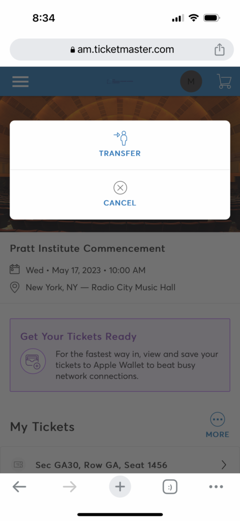 ticketmaster screencapture, with ticket transfer information