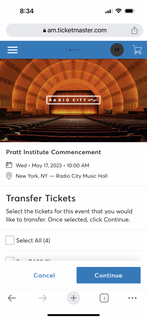ticketmaster screencapture, with ticket transfer information