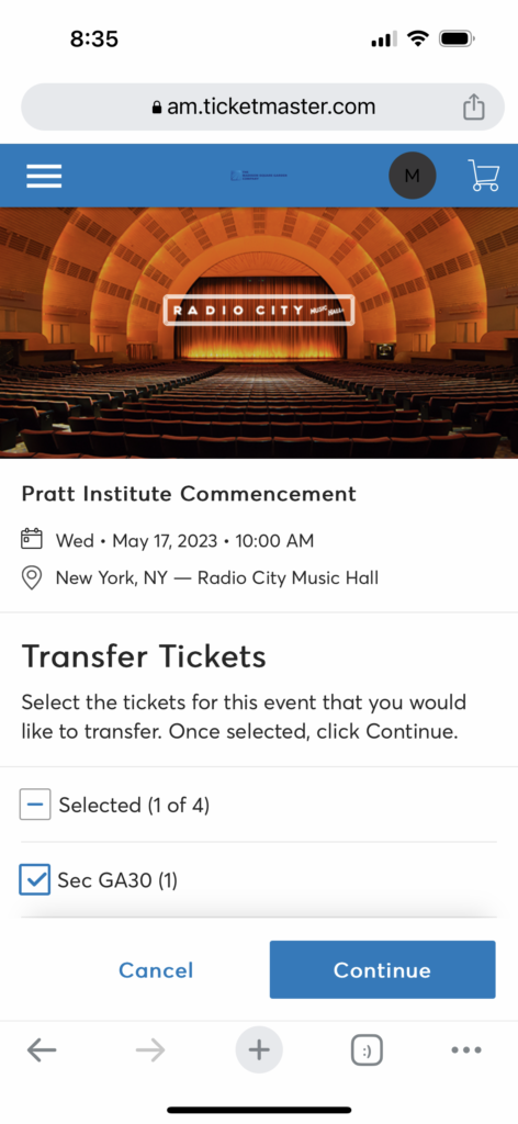 ticketmaster screencapture, with ticket transfer information