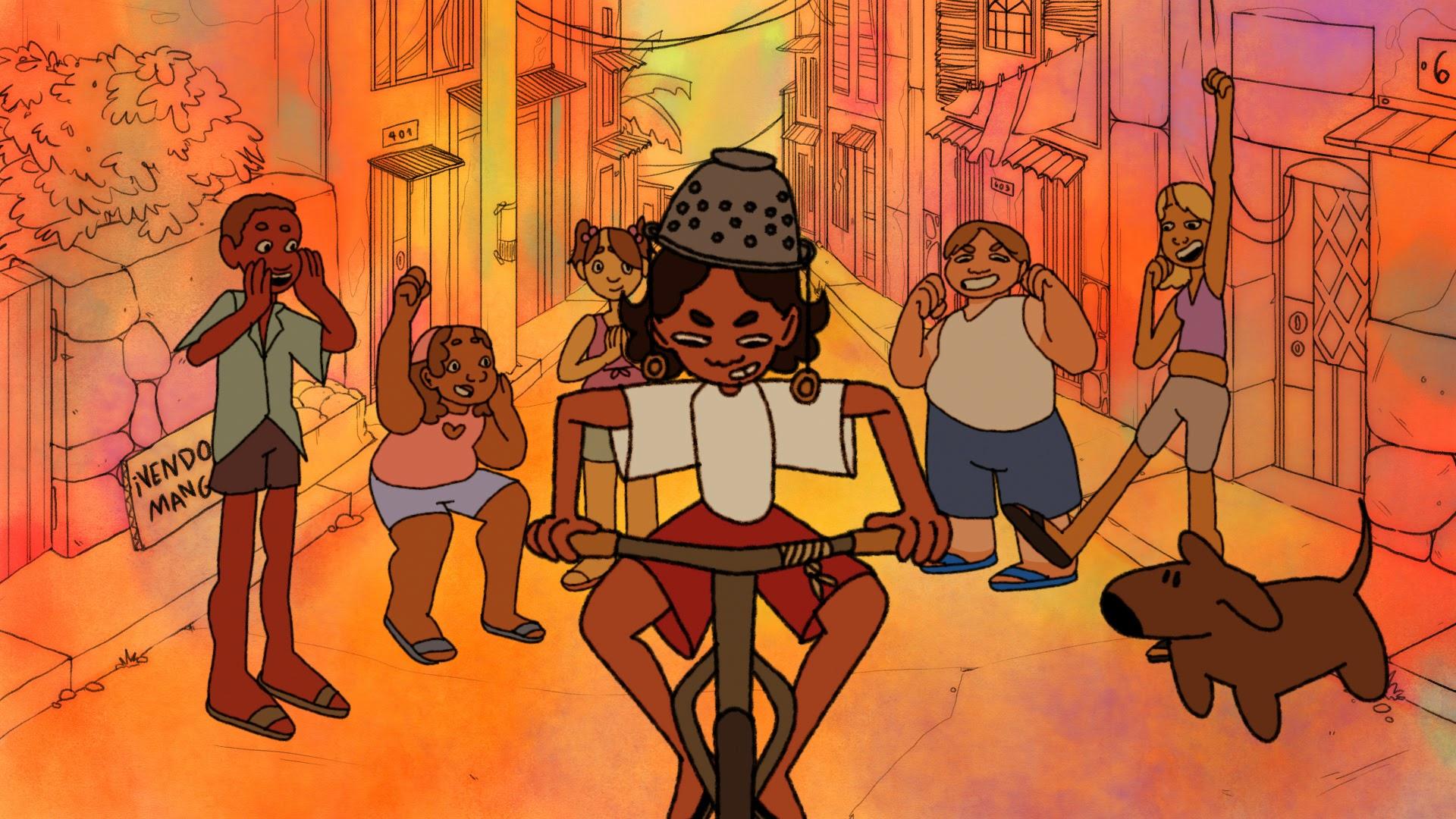 A lively 2D animated scene showing a group of children and a dog playing joyfully in a colorful urban street setting, with warm orange and pink tones. One child rides a bike while others cheer and smile.