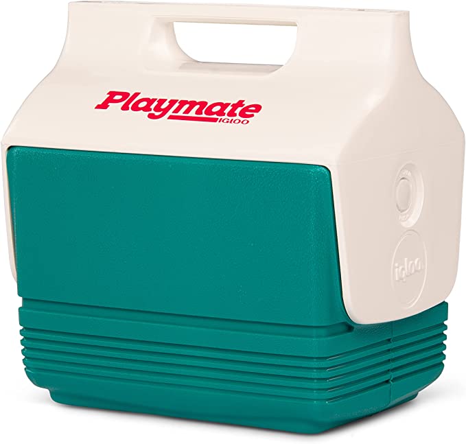 a green cooler with a white lid that says Playmate in pink