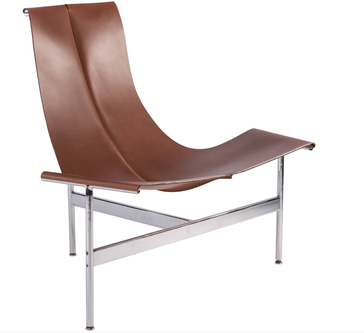 a chair with a slack leather seat suspended from a metal t-shaped base