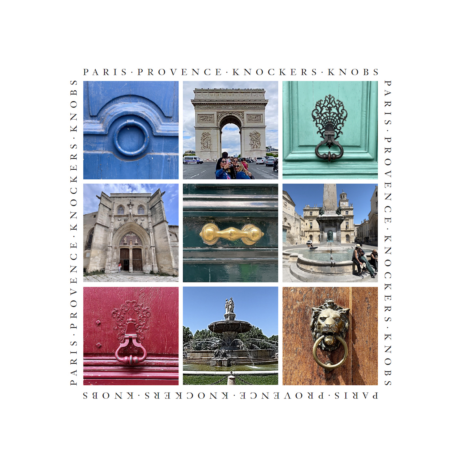 A book cover featuring various ornate door knockers, as well as a few symmetrically framed French monuments and locations.