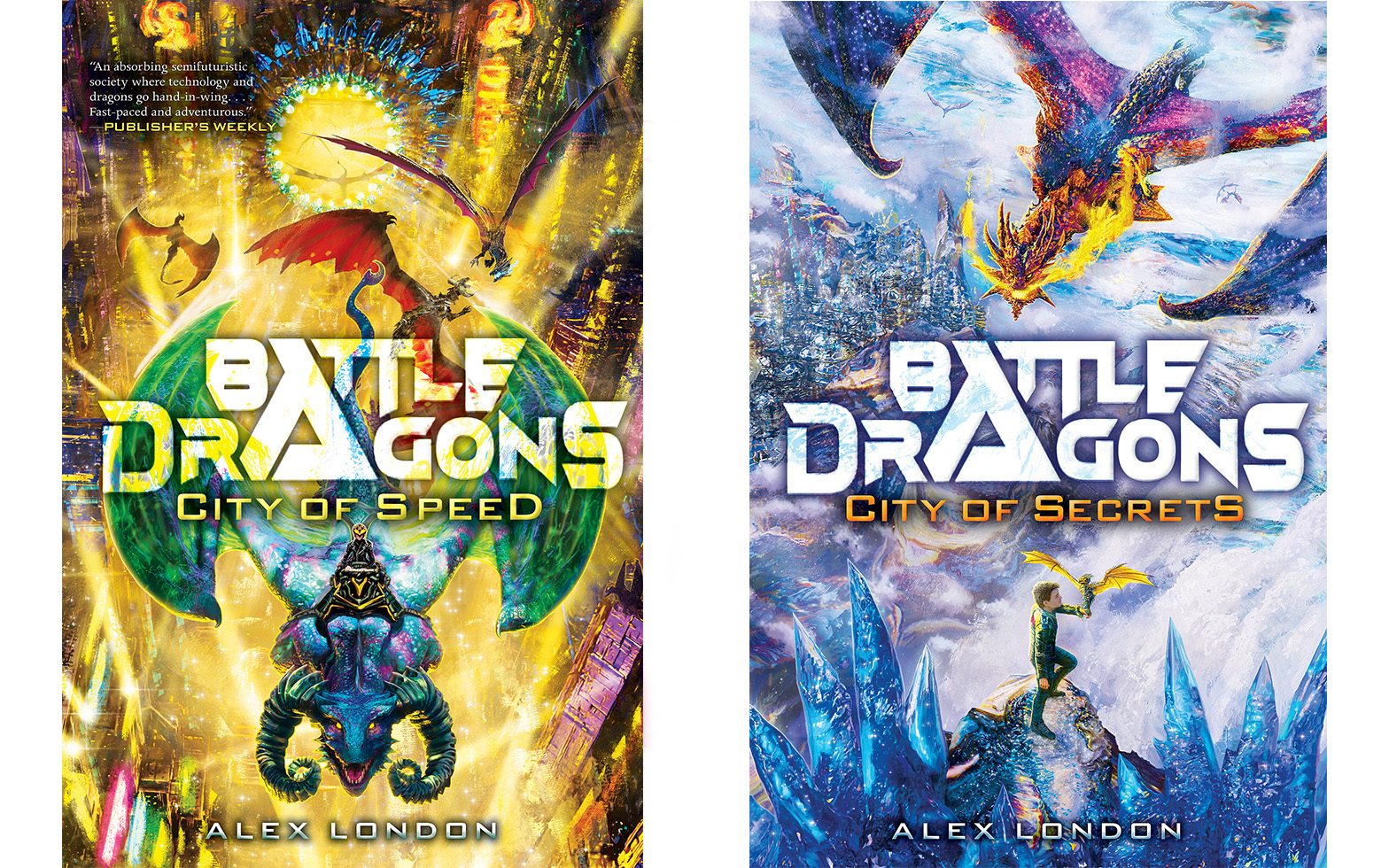 Two book covers featuring dragons of various sizes and colors, with a young person riding them through brightly colored cities and natural environments.