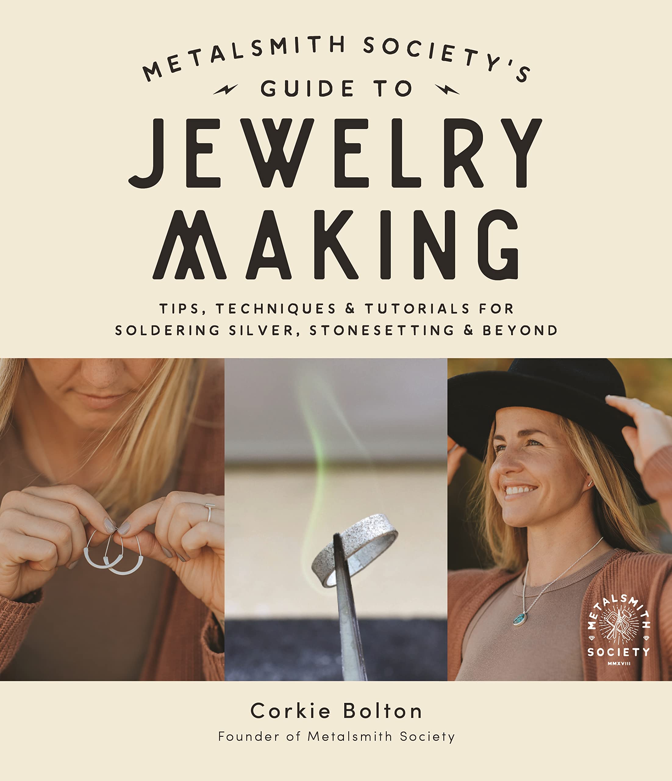 A cover featuring three photographs: one to the left where the author is holding metal earrings, one in the center in which a person (off-camera) is holding a metal ring over a flame with metal tongs, and one to the right where the author is holding a brimmed black hat and wearing a necklace with turquoise gem.