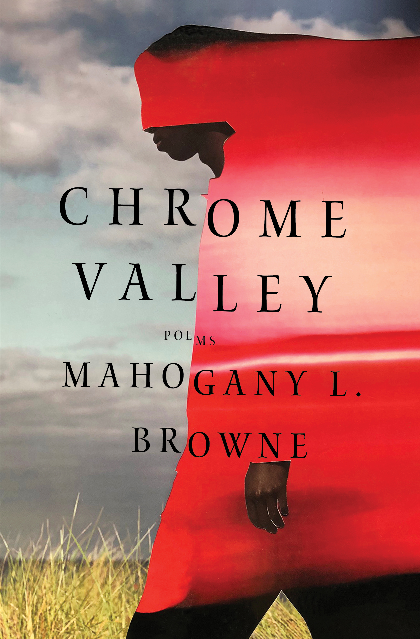 A fractured image of a Black person walking through a grassy field on a cloudy day, obscured everywhere but their lower face, neck, and hand by streaks of red.