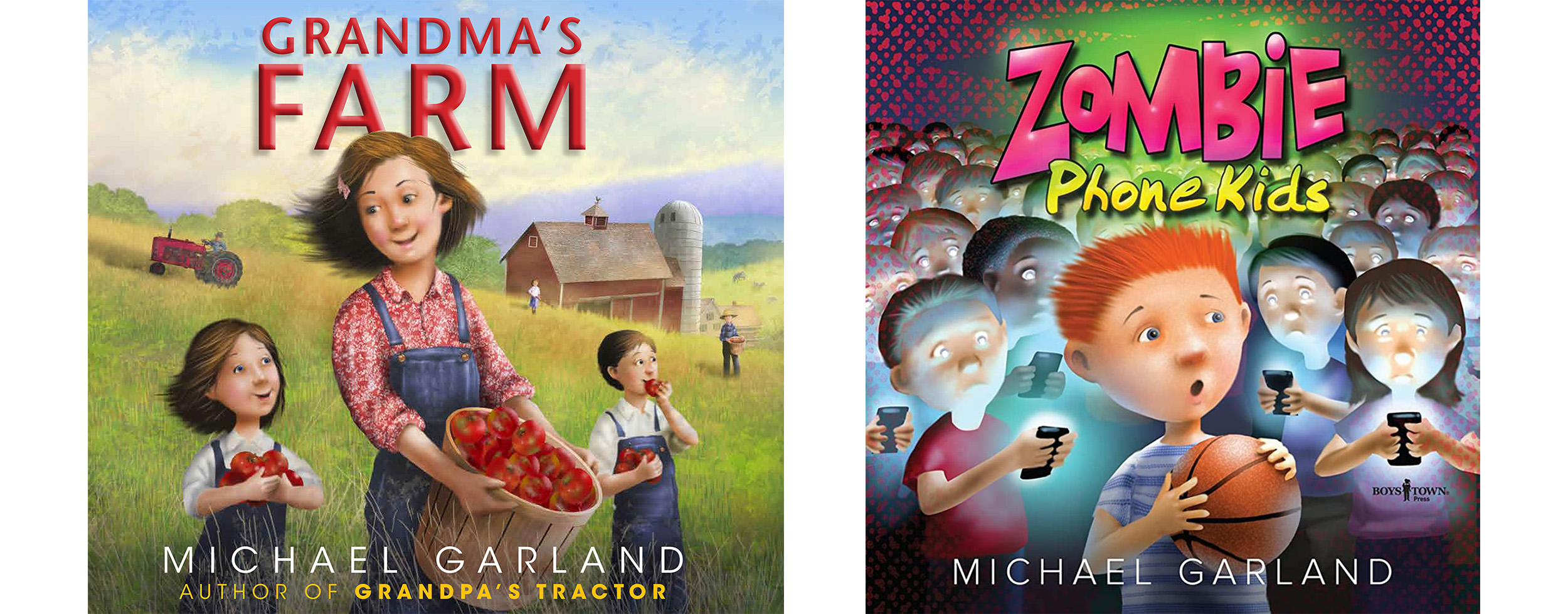 On the left, book cover with light skinned children holding apples in a field with a barn and tractor in the background and text reading Grandma’s Farm. To the right, book cover featuring a drawing of a red headed child holding a basketball with his mouth open, staring at a large crowd of children behind him sadly looking into their phones.