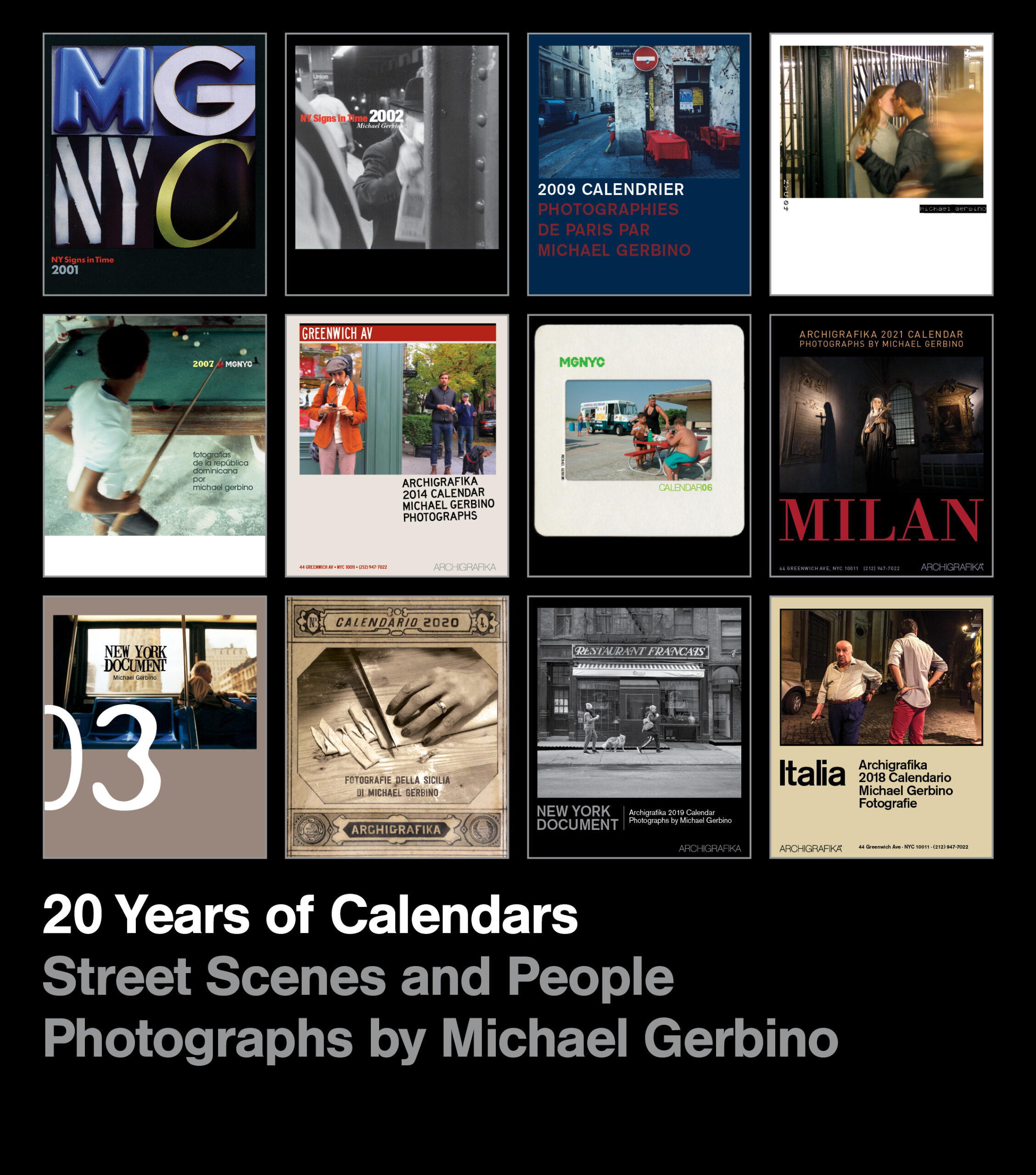 A black book cover featuring a grid of twelve calendars featuring the author's photography.