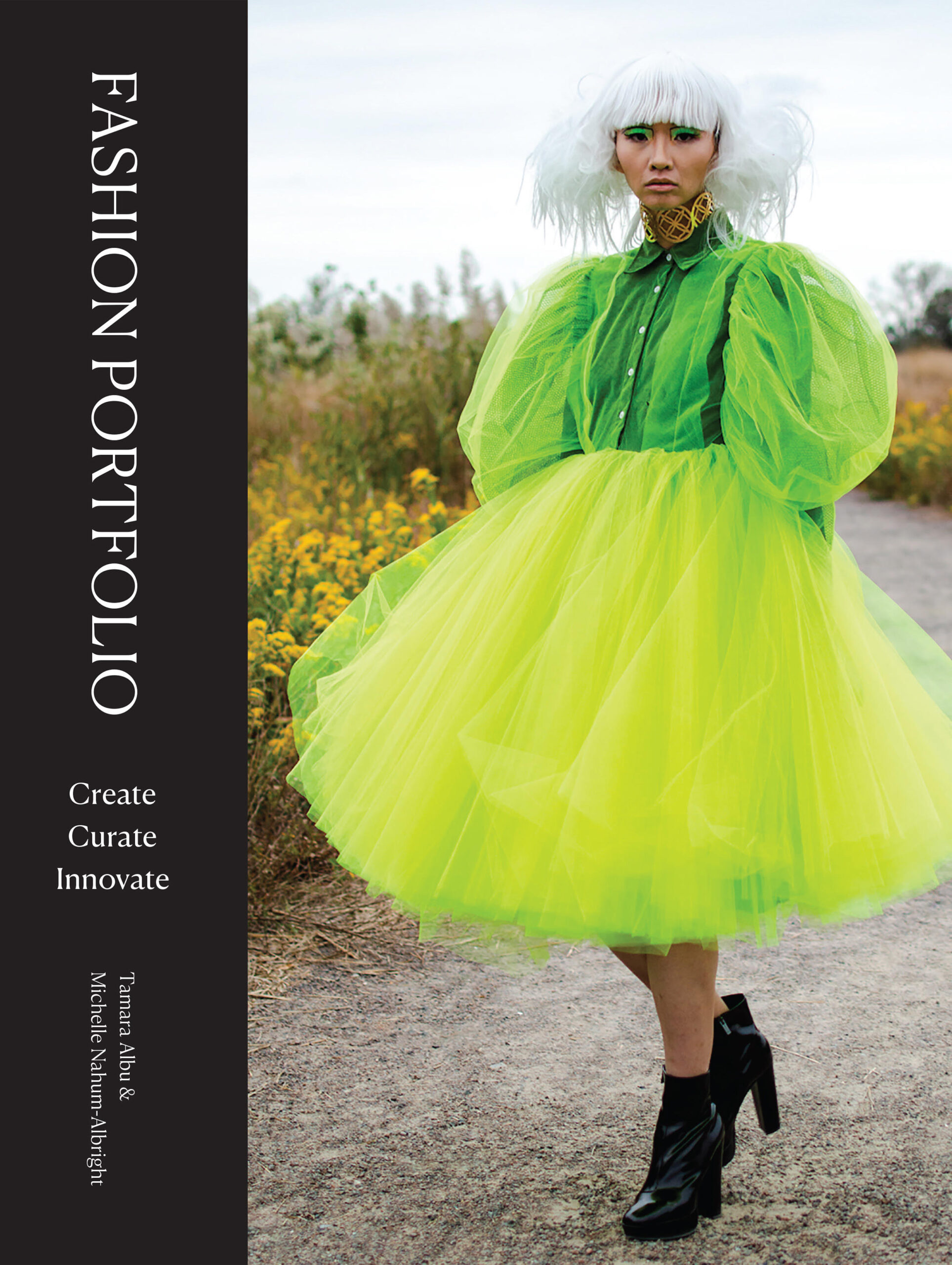 A book cover featuring a photograph of a person in a white wig, green eyeliner, a gold patterned choker, a neon green dress, and black high heeled boots, walking down a path in a field.