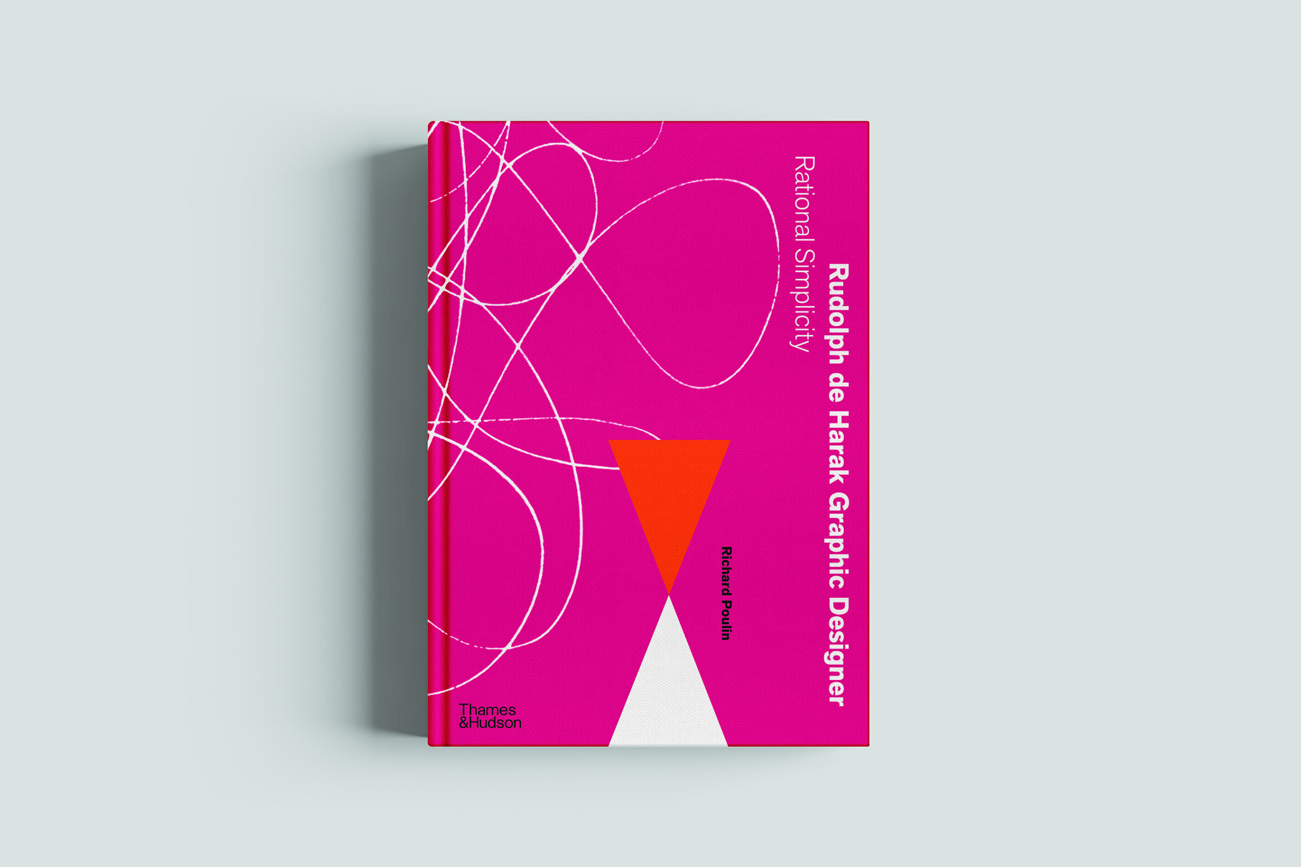 A magenta book cover, featuring a squiggly white line, a red triangle, and white triangle. The two triangles are touching at their acute angles.