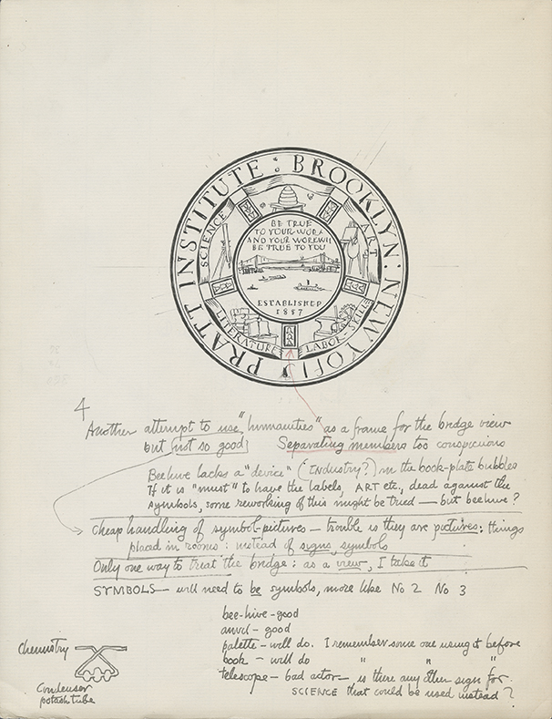 Pencil sketch of Pratt seal iteration with written notes on yellowed paper