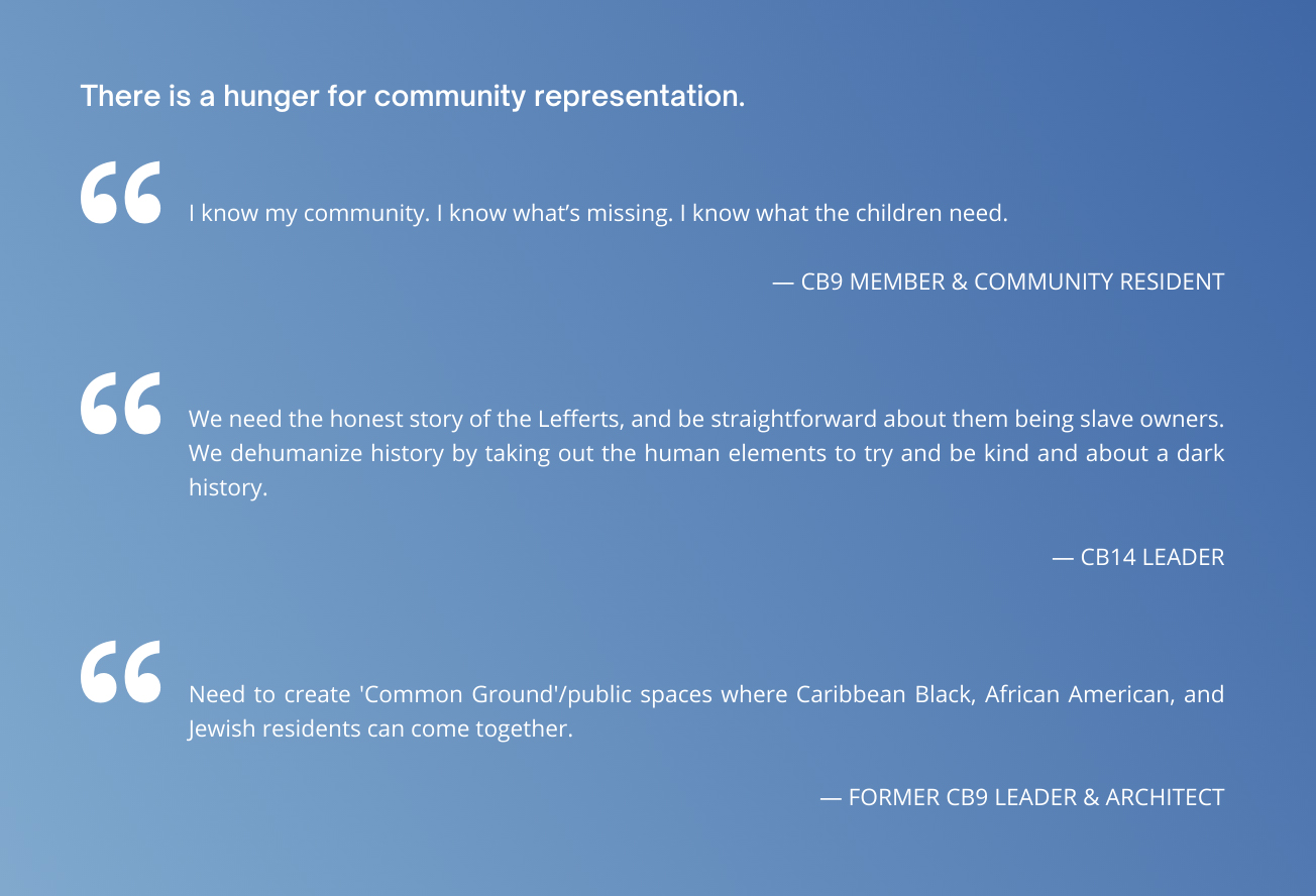 Quotes from Prospect Park area community members expressing desire for greater representation at the site