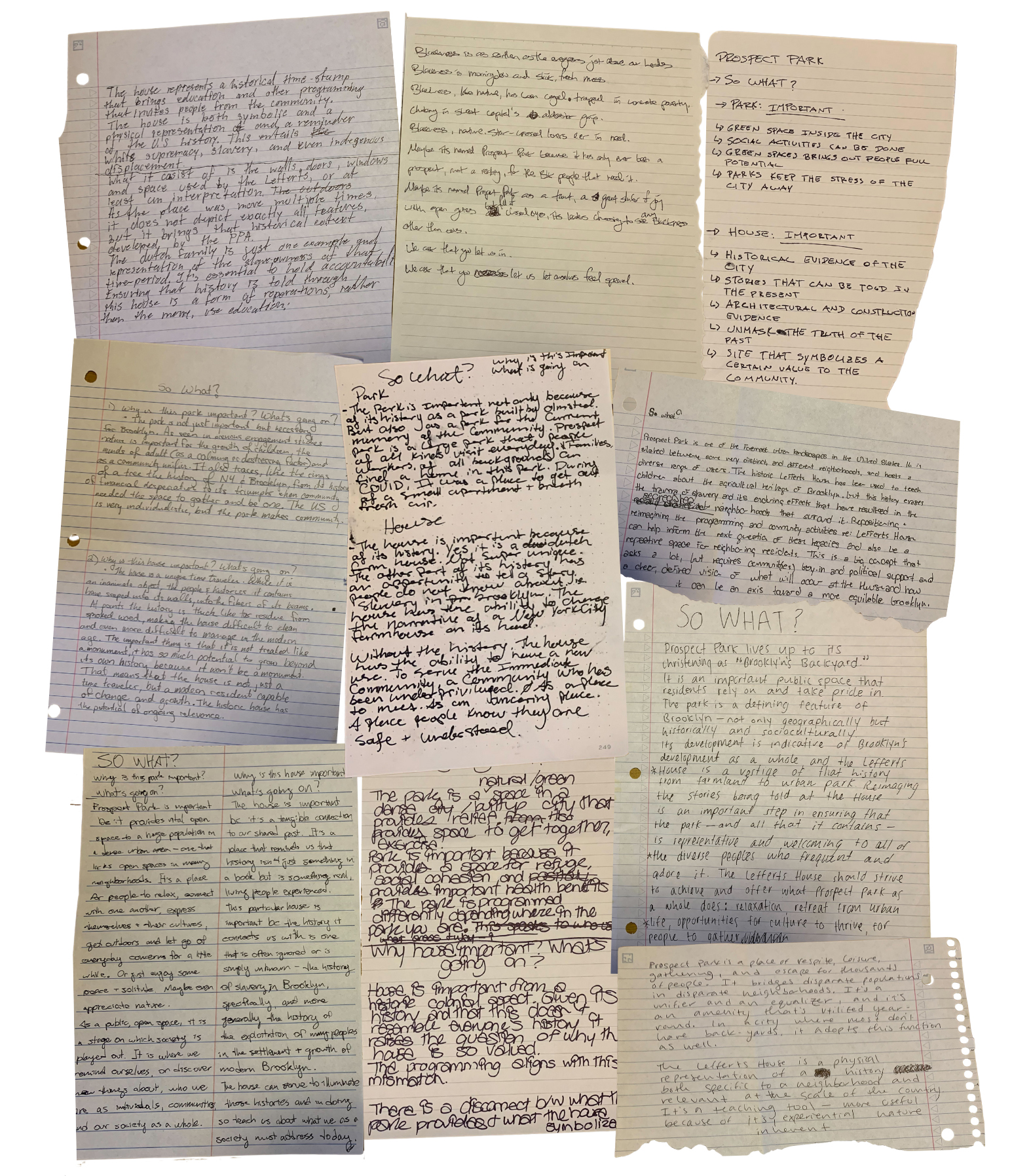 Handwritten pages responding to the question So What?