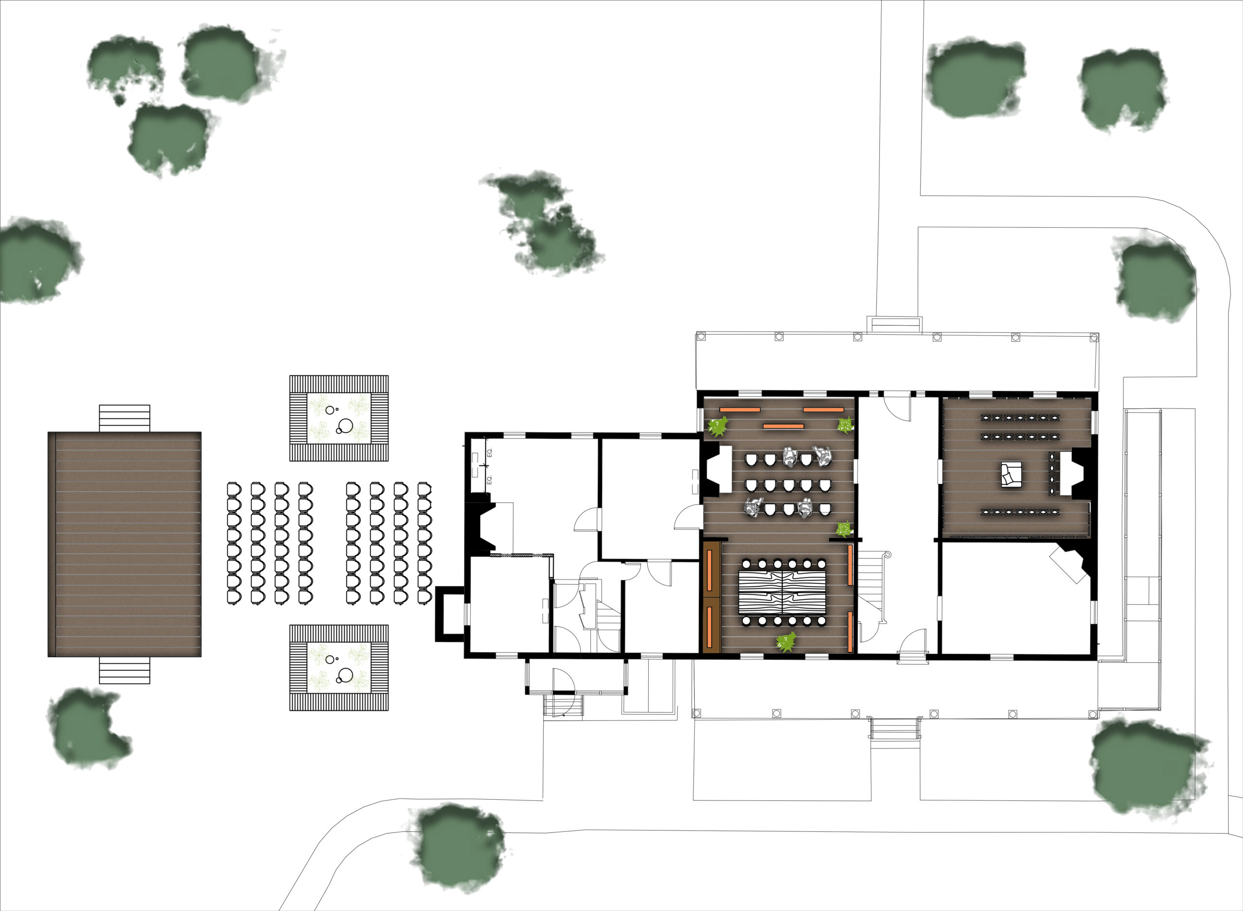 Aerial view of house layout with spaces for meeting at a large table, giving presentations, and holding a market or other event
