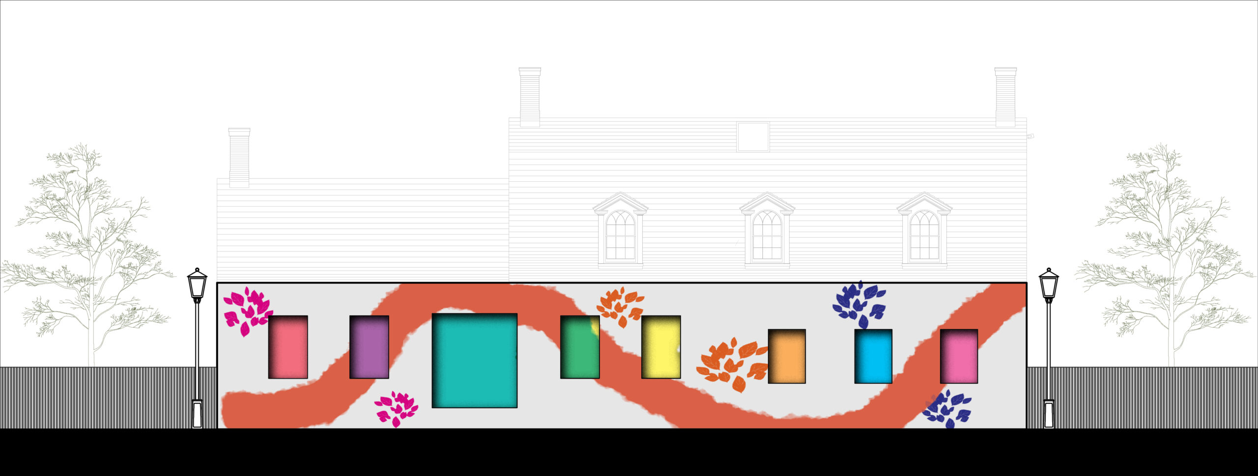 Rendering of colorful graphic mural with windows along city street