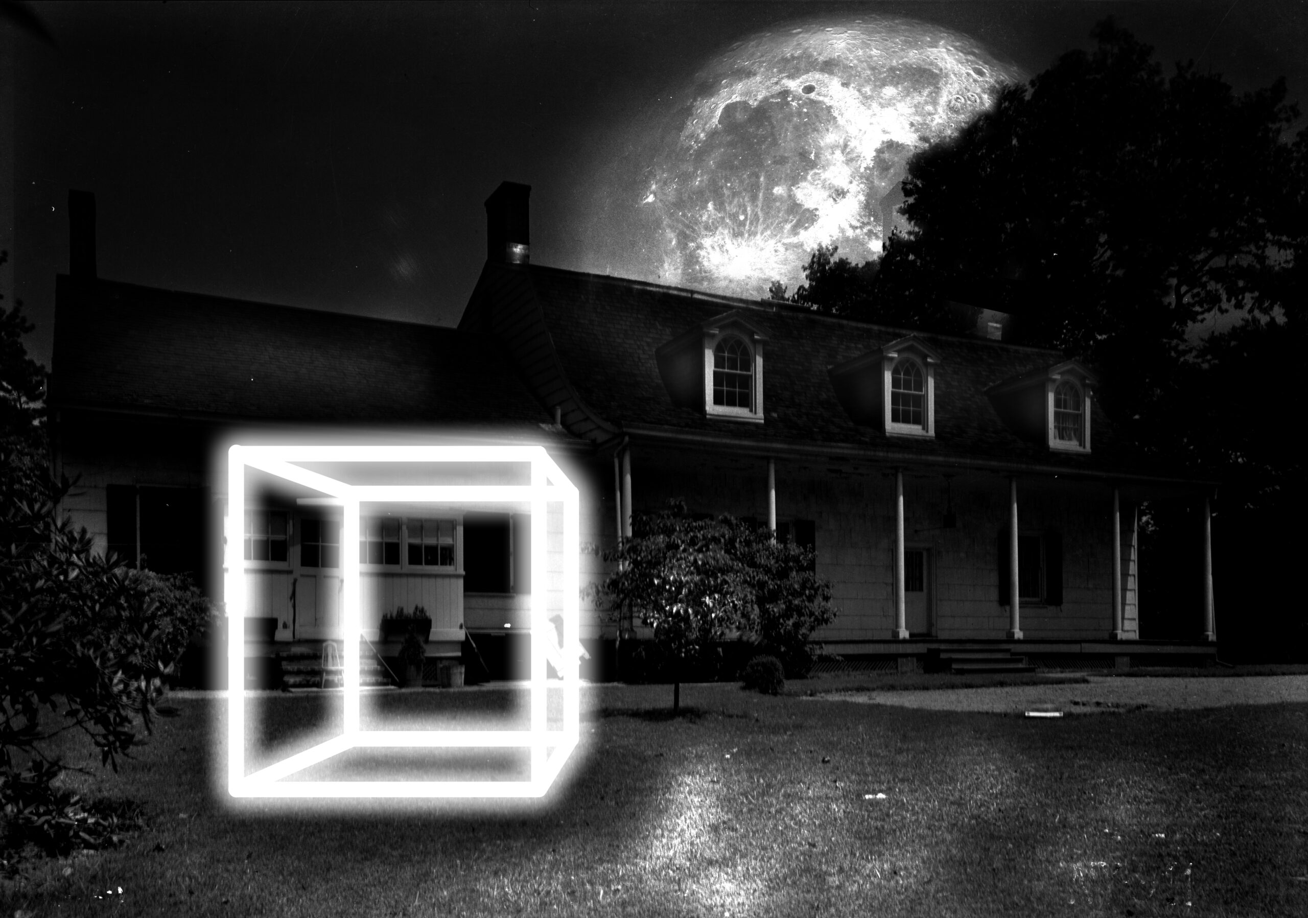 Rendering of a void space sculpture installation showing a glowing white hollow cube superimposed on a black-and-white photo of a colonial house with large full moon behind it