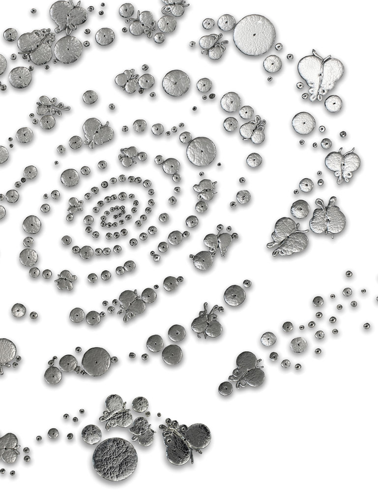 A book cover featuring abstract silver circles arranged to create a spiral.
