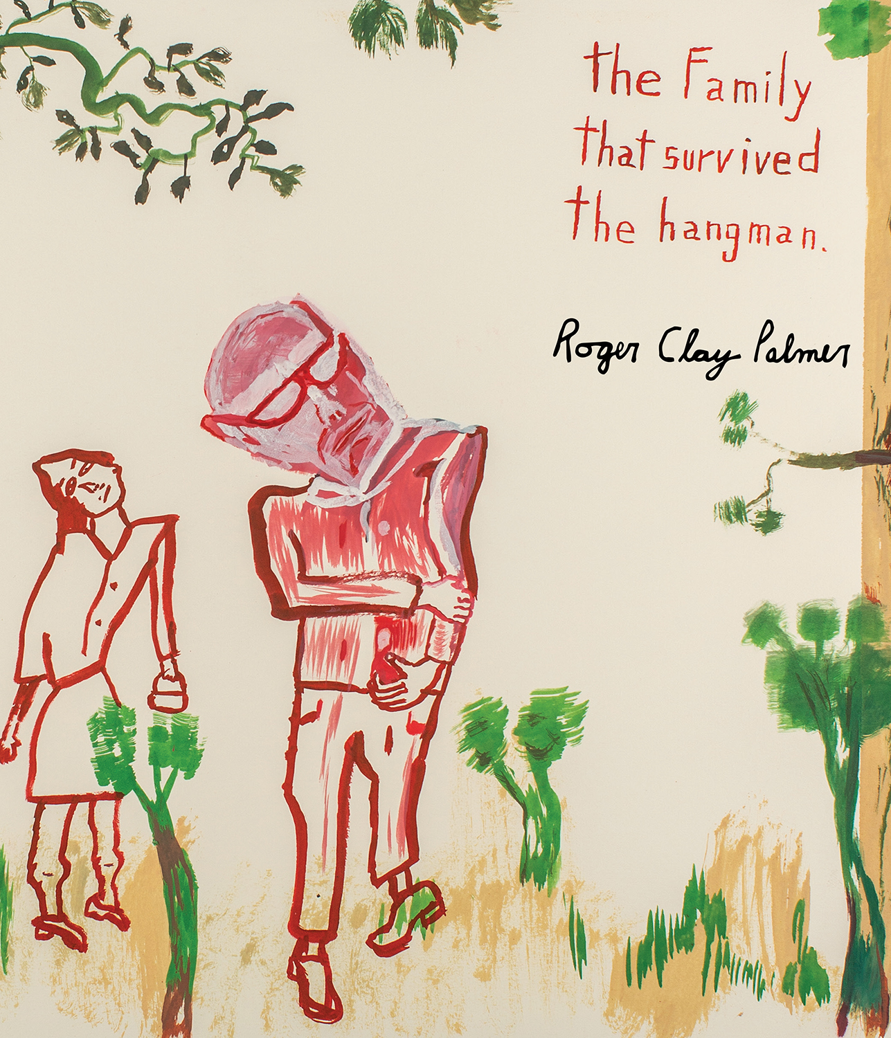 A painting of a man standing next to a woman, both rendered in red paint, with the text “the Family that survived the hangman” painted in the same color in the top right, with the painters name in black underneath. The painter placed them in a natural environment with trees, grass, and dirt.