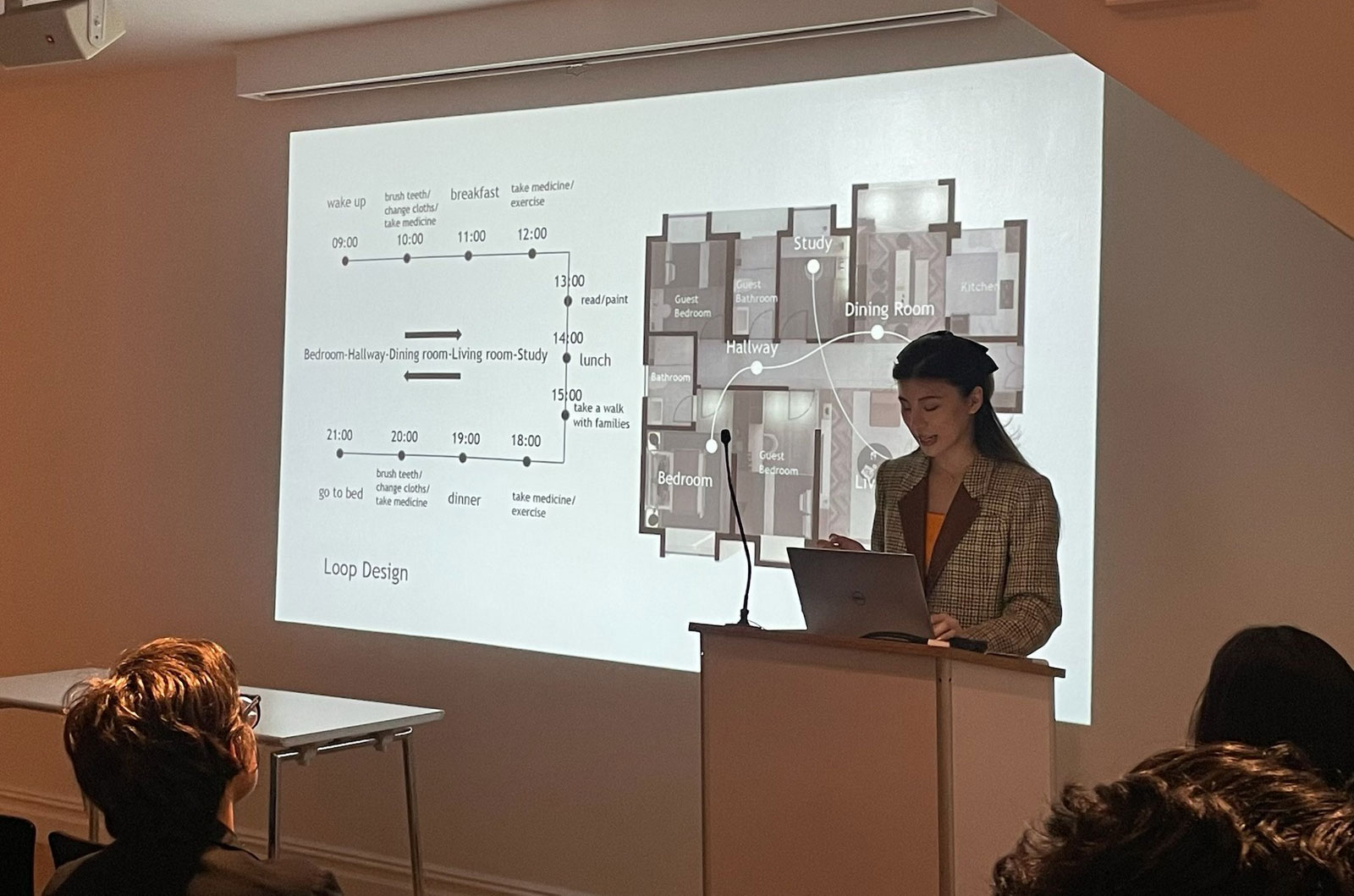 Yanya Mei, MFA Interior Design ’23, presenting the Memory House project at Center for Architecture/AIA New York (courtesy Xue (Snow) Bai)