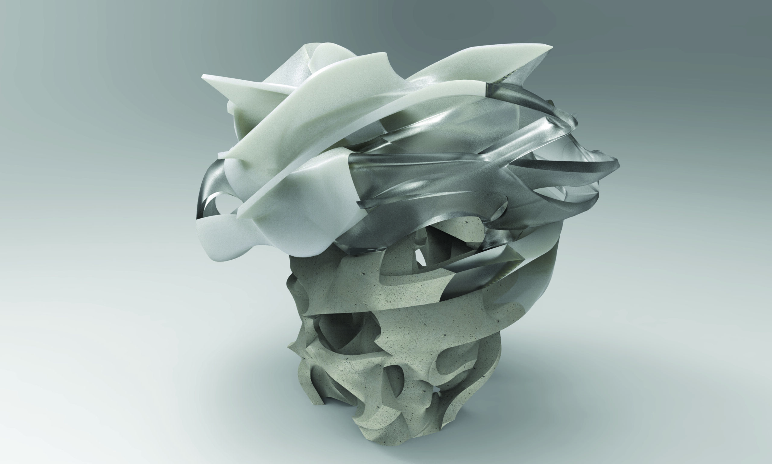 work resembling liquid metal, spun in a tornado like shape