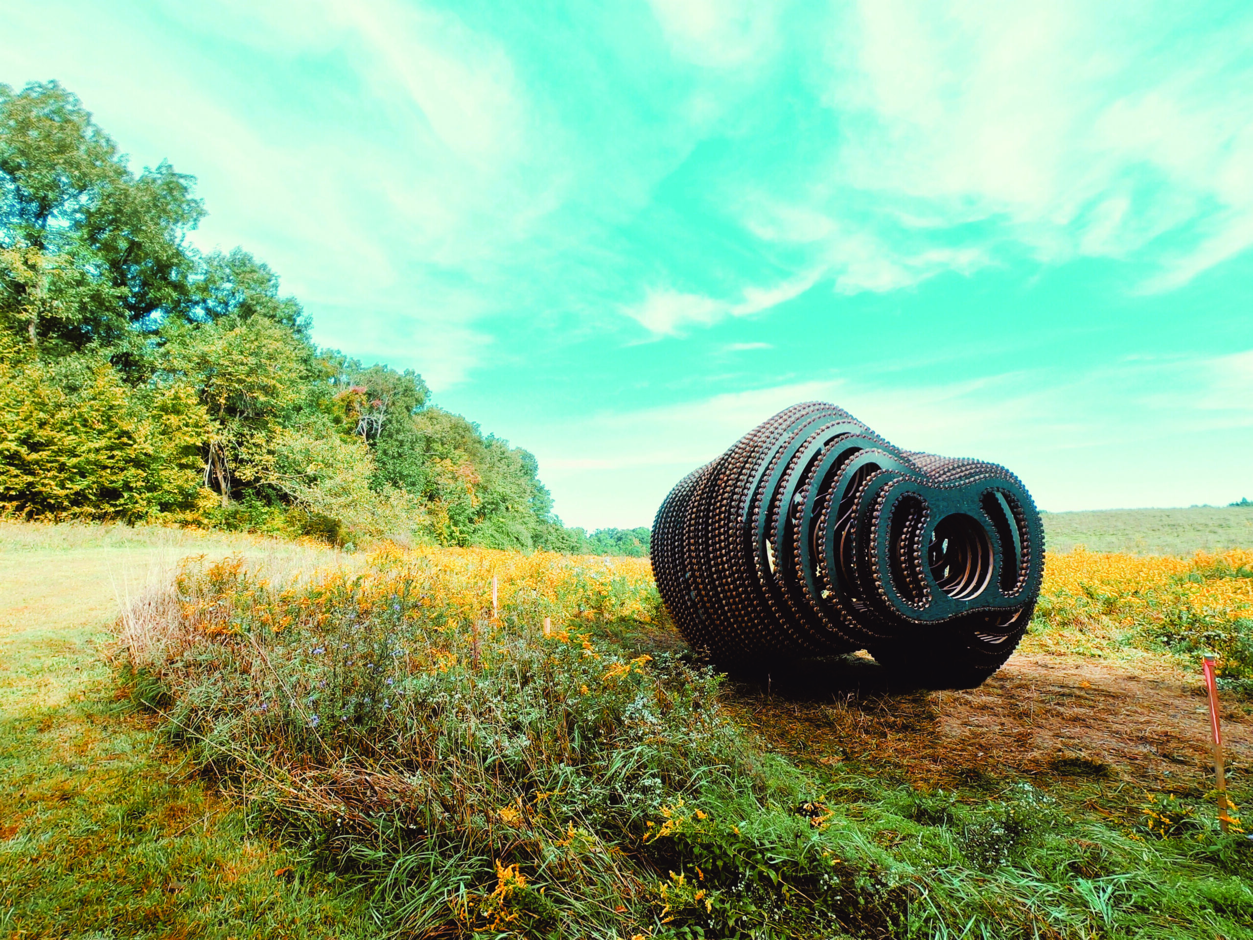 a field, with a large metal sculpture in the foreground