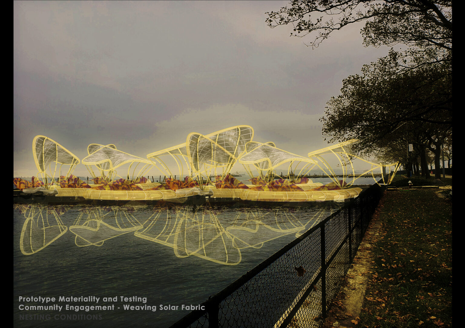 A morphological building is seen in the distance, built on land gained from the sea. There is a yellow hue over the render.