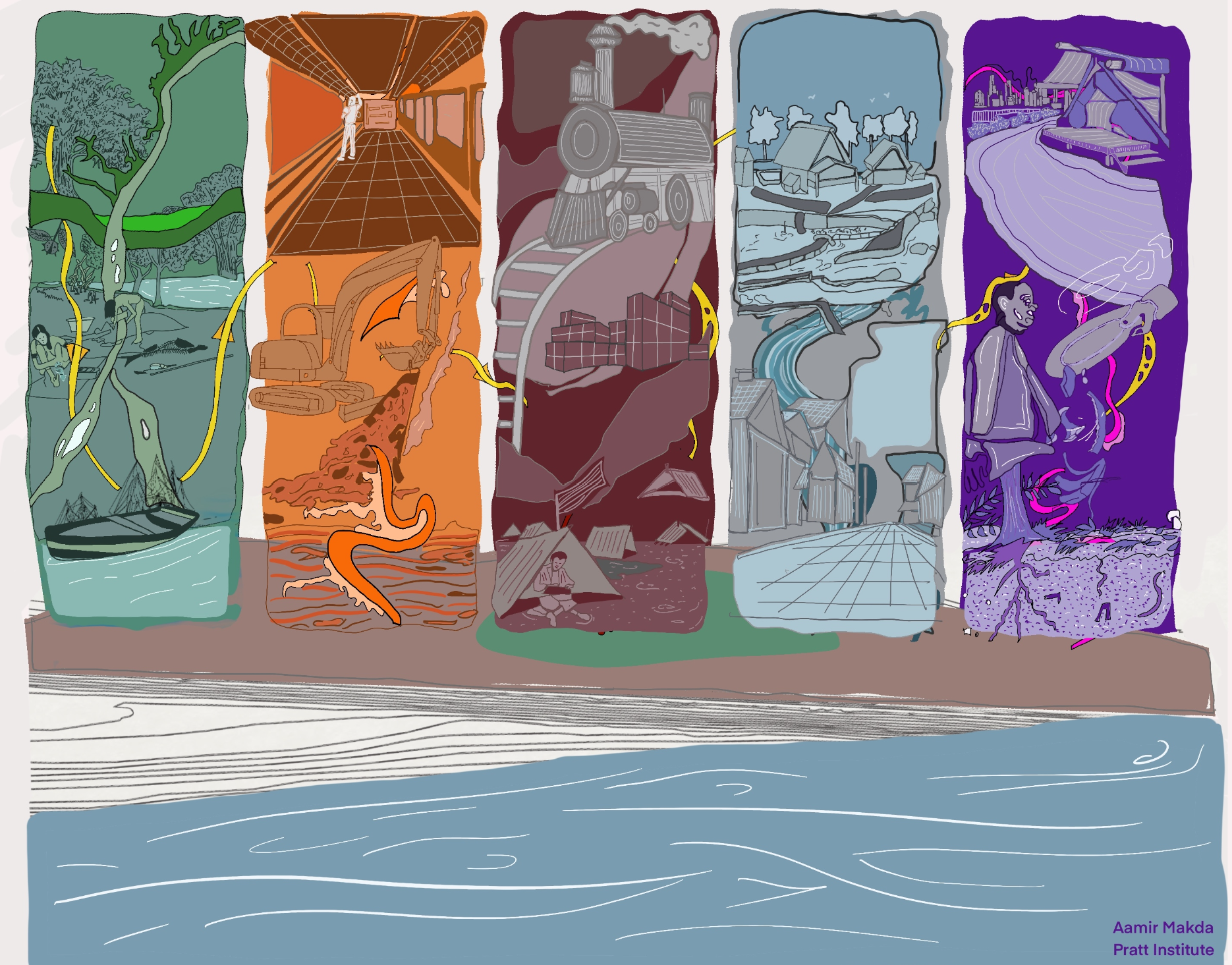 artists rendering of a coastline, done in a digitized hand-drawn style