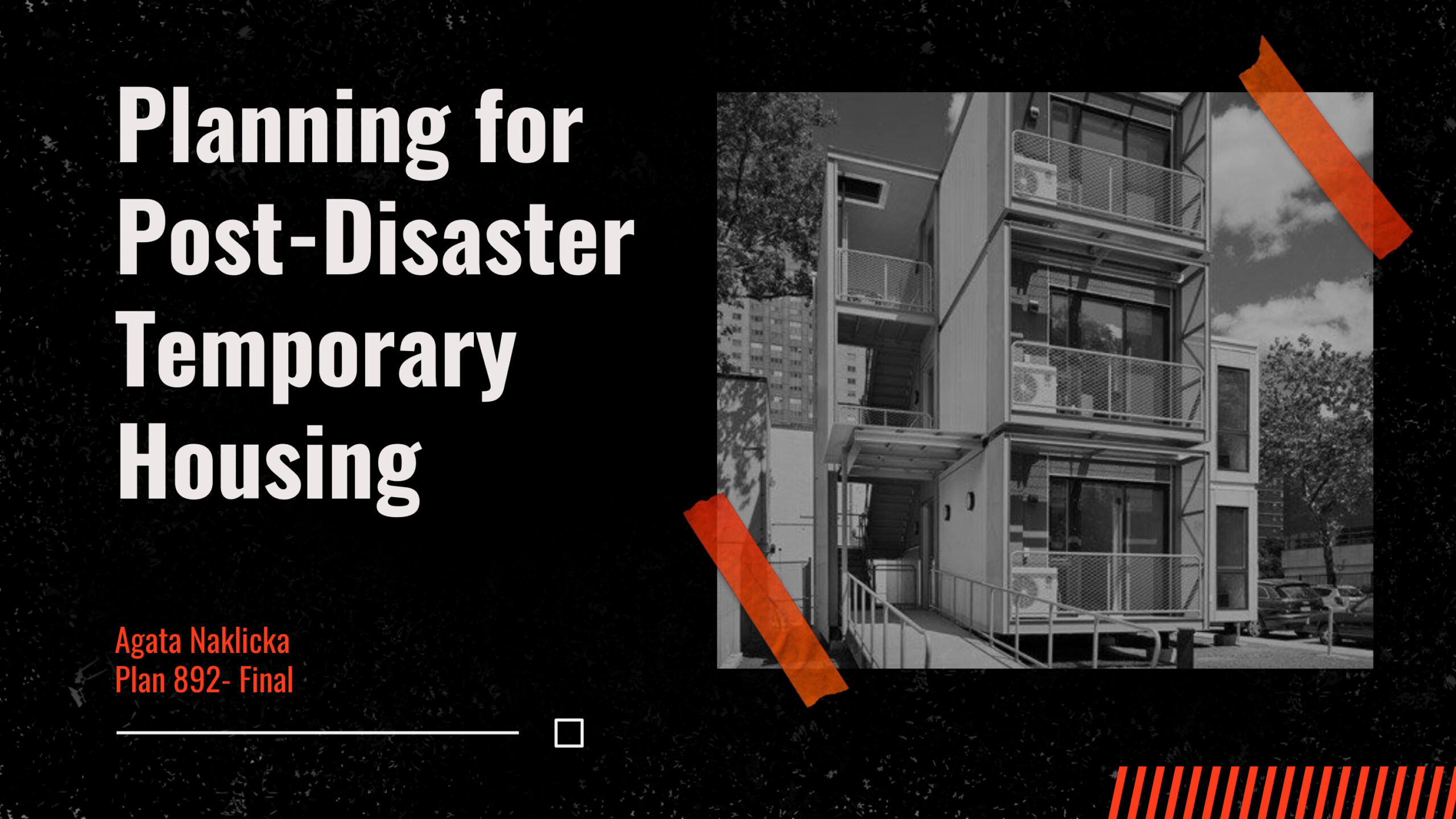 A photo of temporary homes in a similar shape to shipping containers stacked on top of each other. Text accompanies the image and reads,