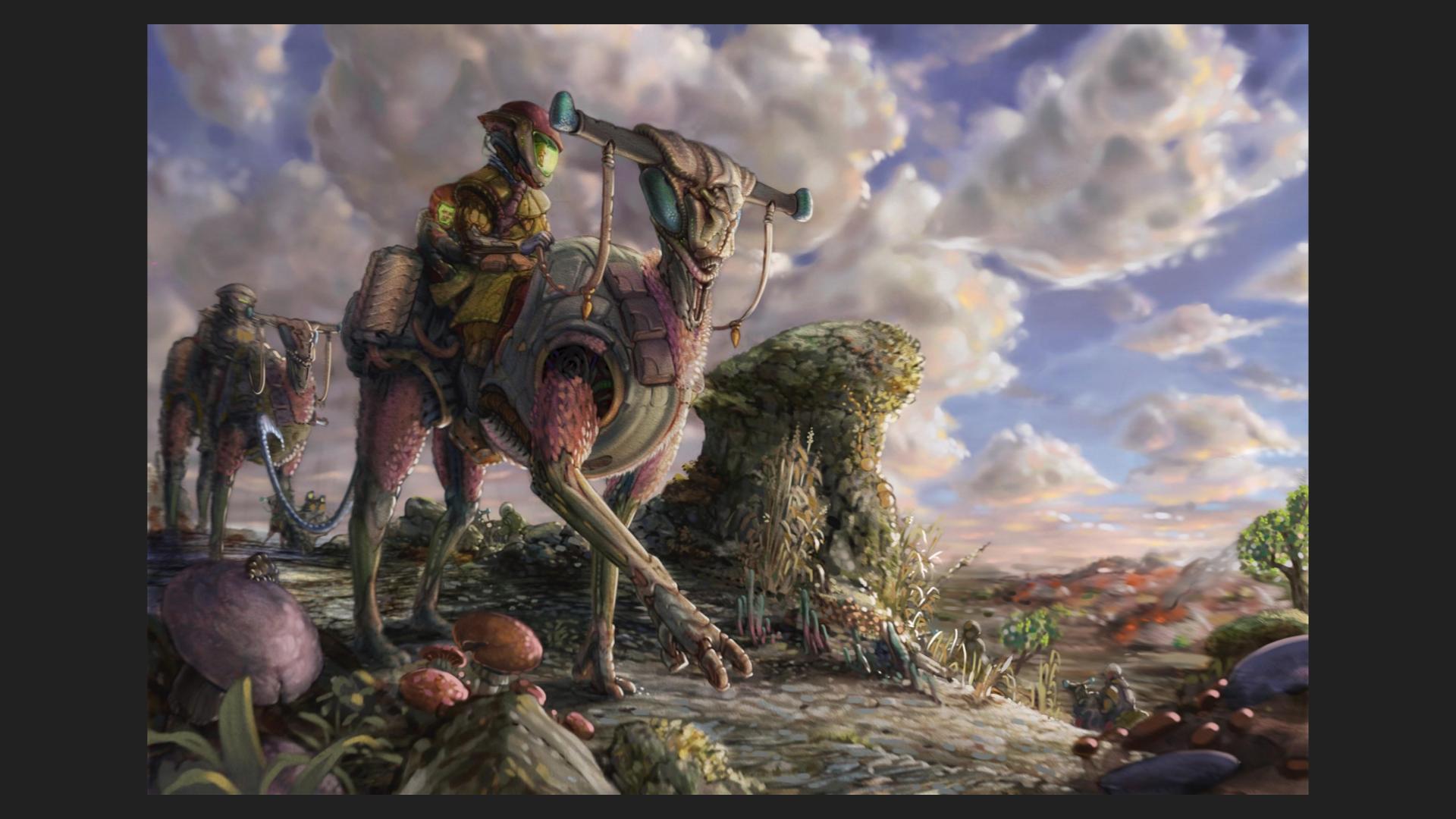 An illustration of an alien riding a horse-like creature through an earth-like landscape.
