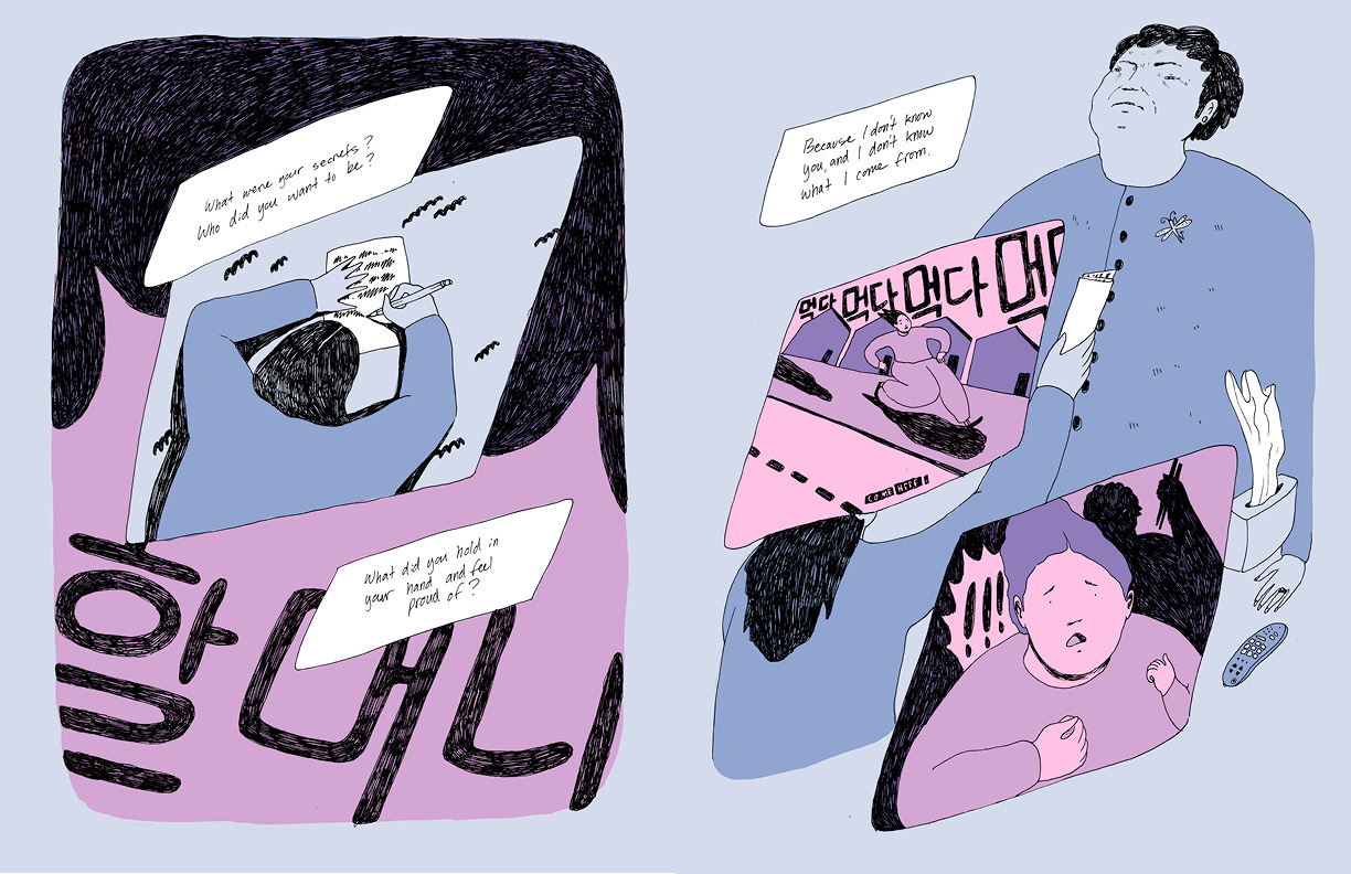 a cartoon diptych where a person is writing a letter in one frame and then handing it to a woman in the second. The captions read, 