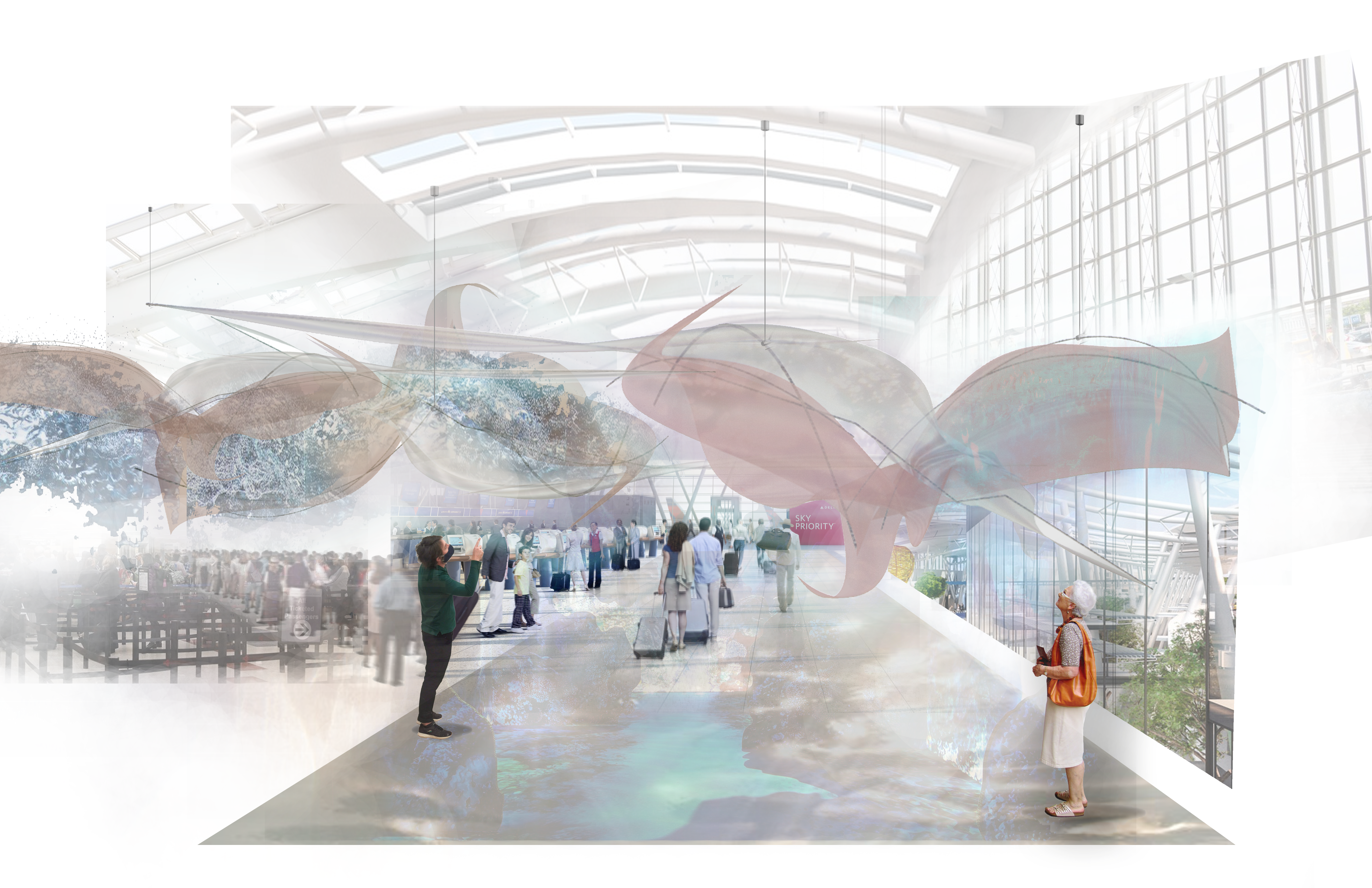 A rendering of a nebulous-like object suspended from the ceiling of an airport terminal.