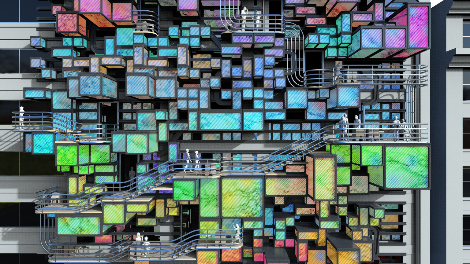 A colorful render of a building's facade. There are many rectangular elements layering the facade.