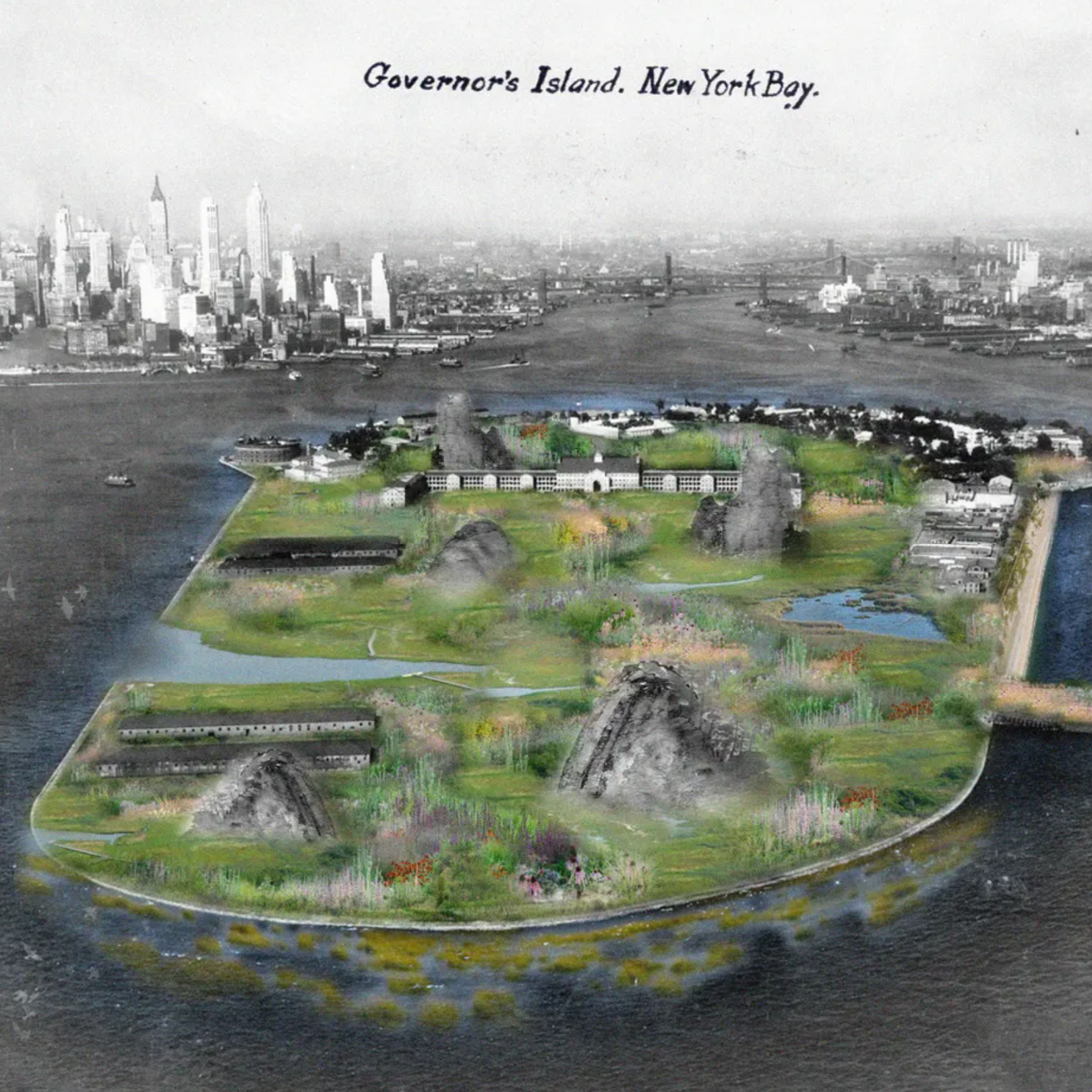 artists painting of governors island, and new york bay