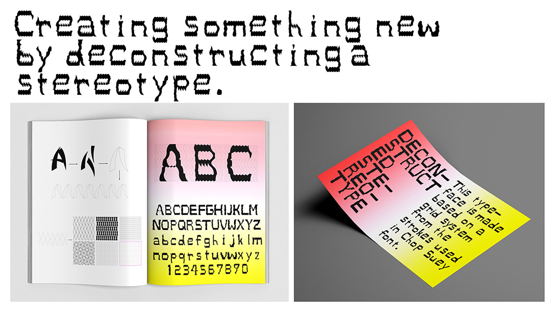 A magazine spread showing a typface made out of jagged strokes. The type reads, 