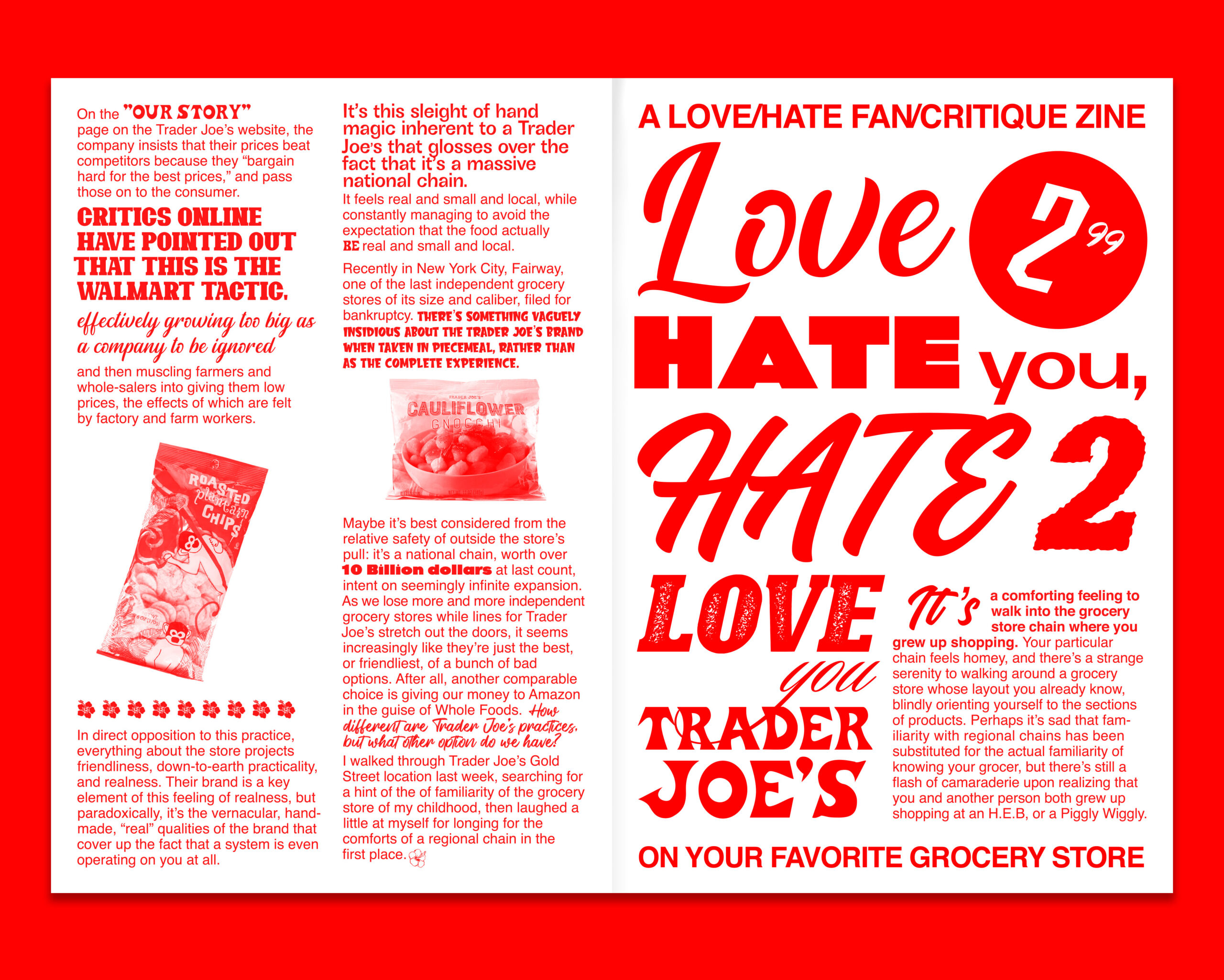 A magazine spread of bright red on white. The content is about Trader Joe's and is titled, 