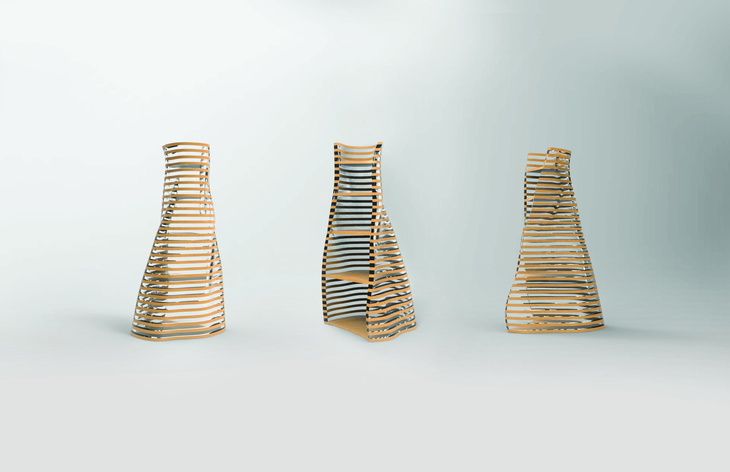 Wooden shelves constructed in horizontal slats to mimic the shape of a tree trunk.