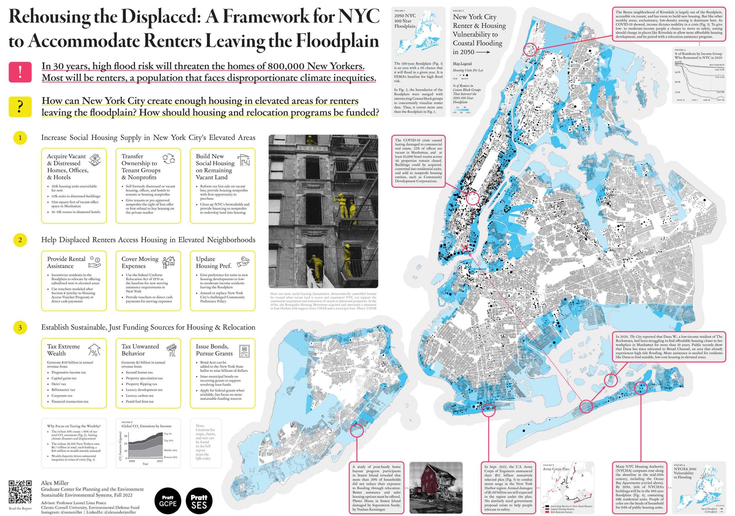An infographic for the project, Rehousing the Displaced: A Framework for NYC to Accommodate Renters Leaving the Floodplain. It includes a map of NYC showing the city's floodplain and calls out some select areas and ideas.