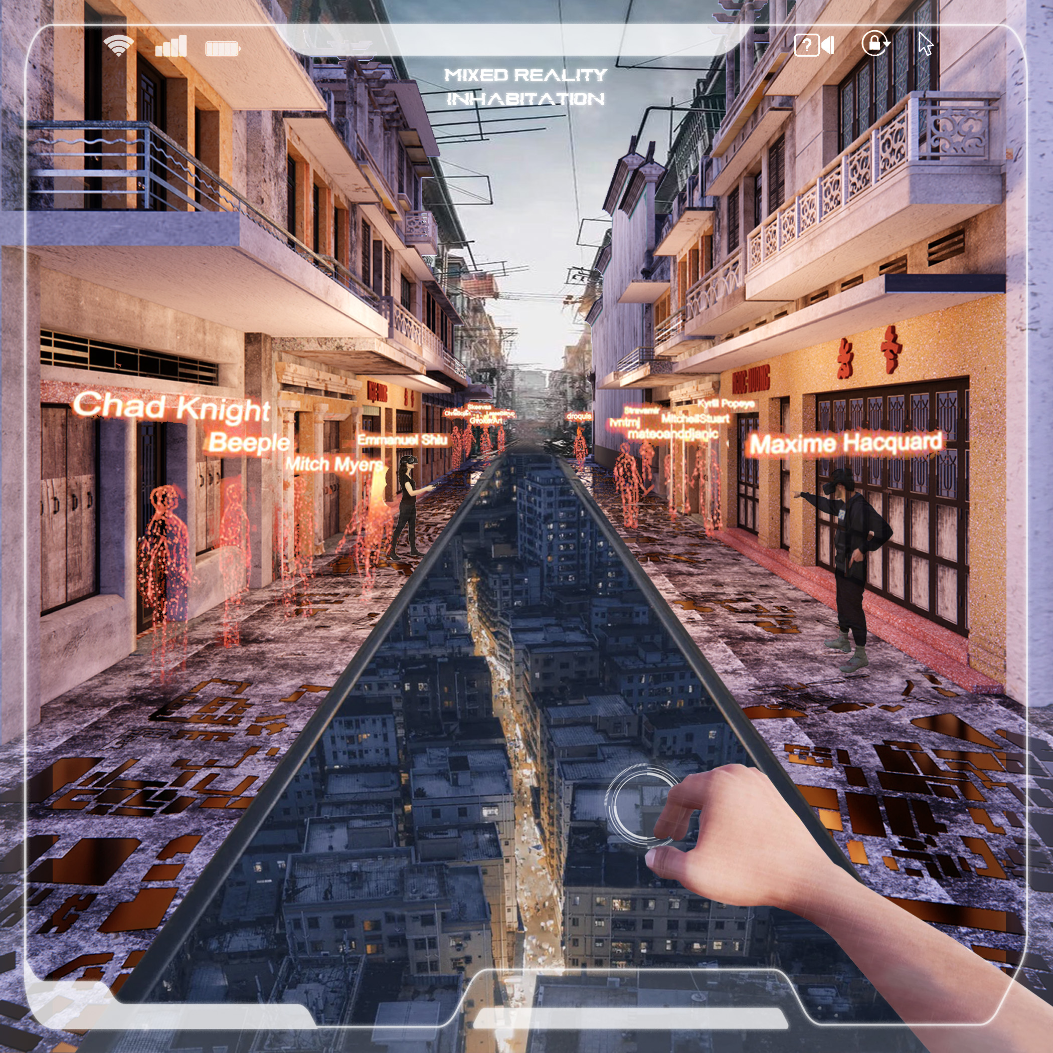 A rendering of a view through VR goggles showing digital assets appearing alongside the real environment.