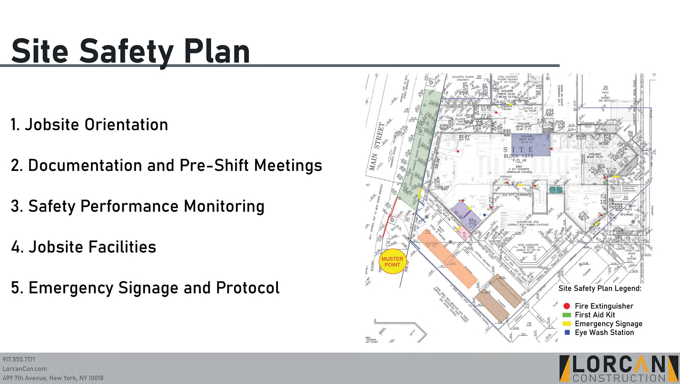 A slide outlining the the site safety plan.