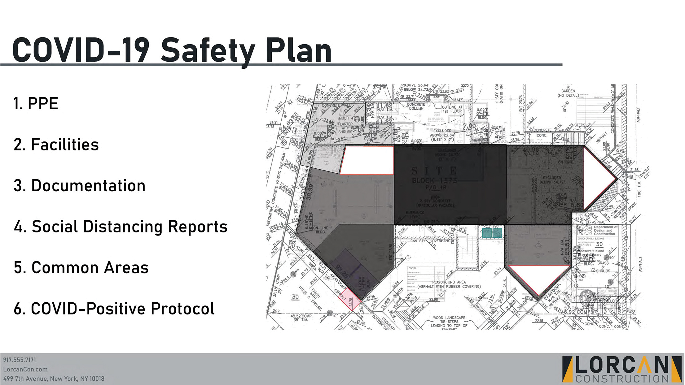 A slide outlining the project's COVID-19 Safety Plan