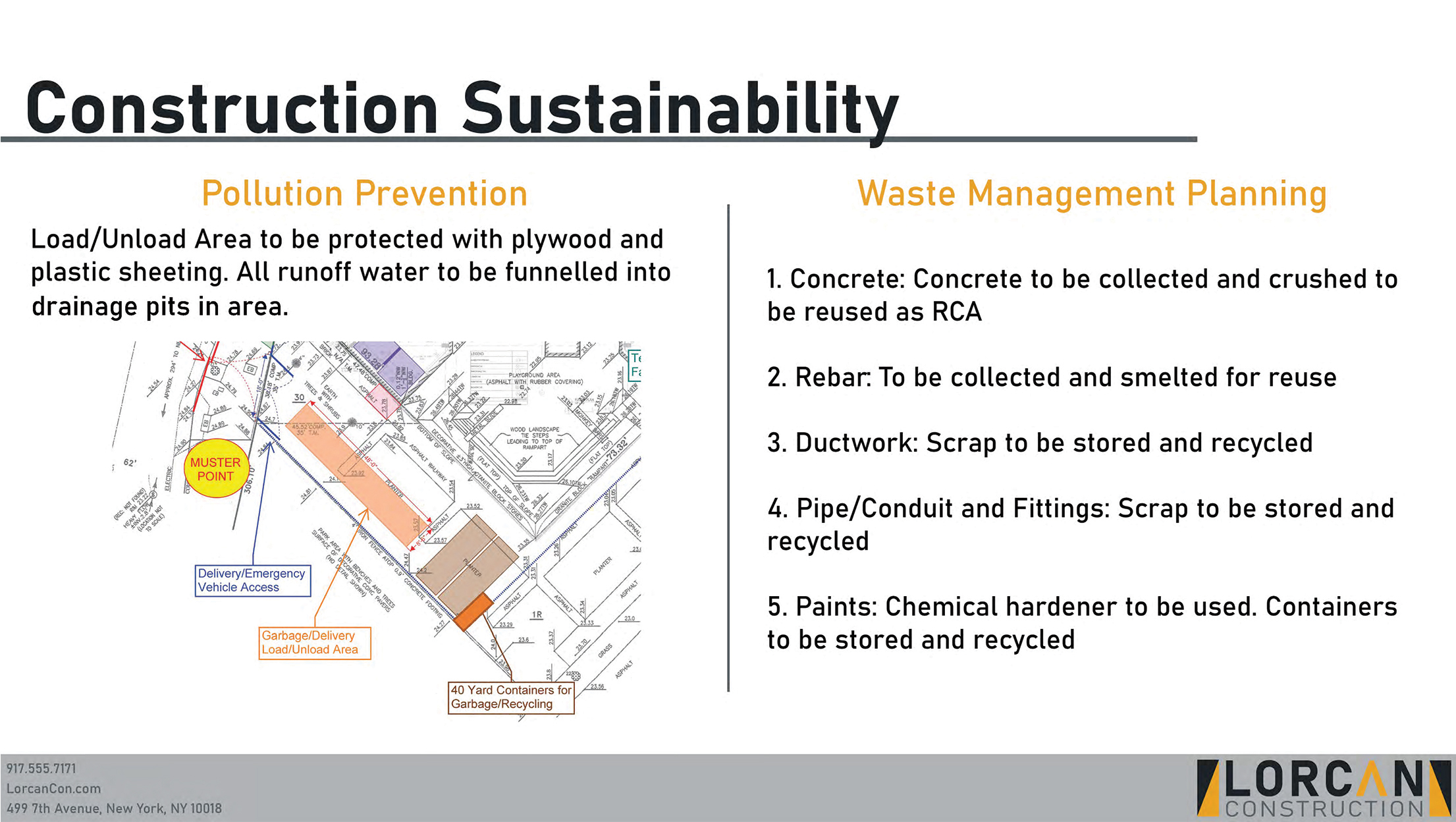 A second slide about Construction Sustainability discussing Pollution Prevention and Waste Management Planning.