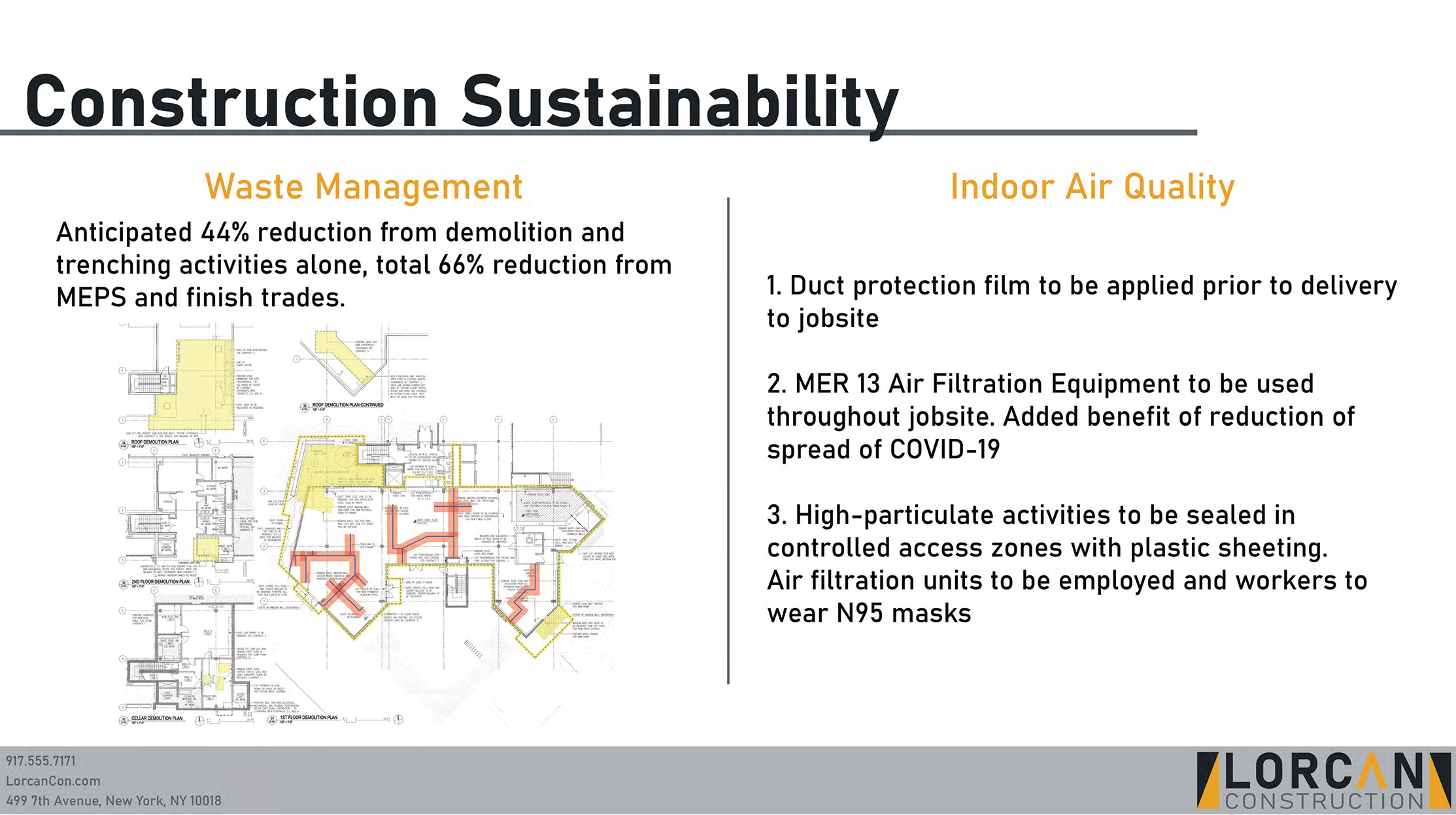 A third slide about Construction Sustainability with sections on Waste Management and Indoor Air Quality.
