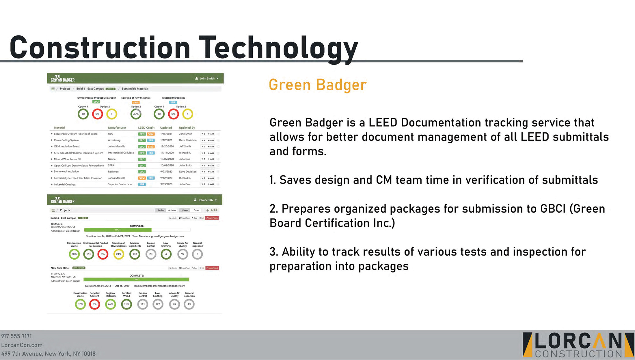 A slide about Construction Technology with a section discussing Green Badger.