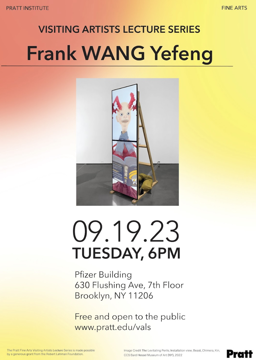 flyer for event, with image of video installation in gallery room, multi-screen, with 3d rendering of a drawn rabbit