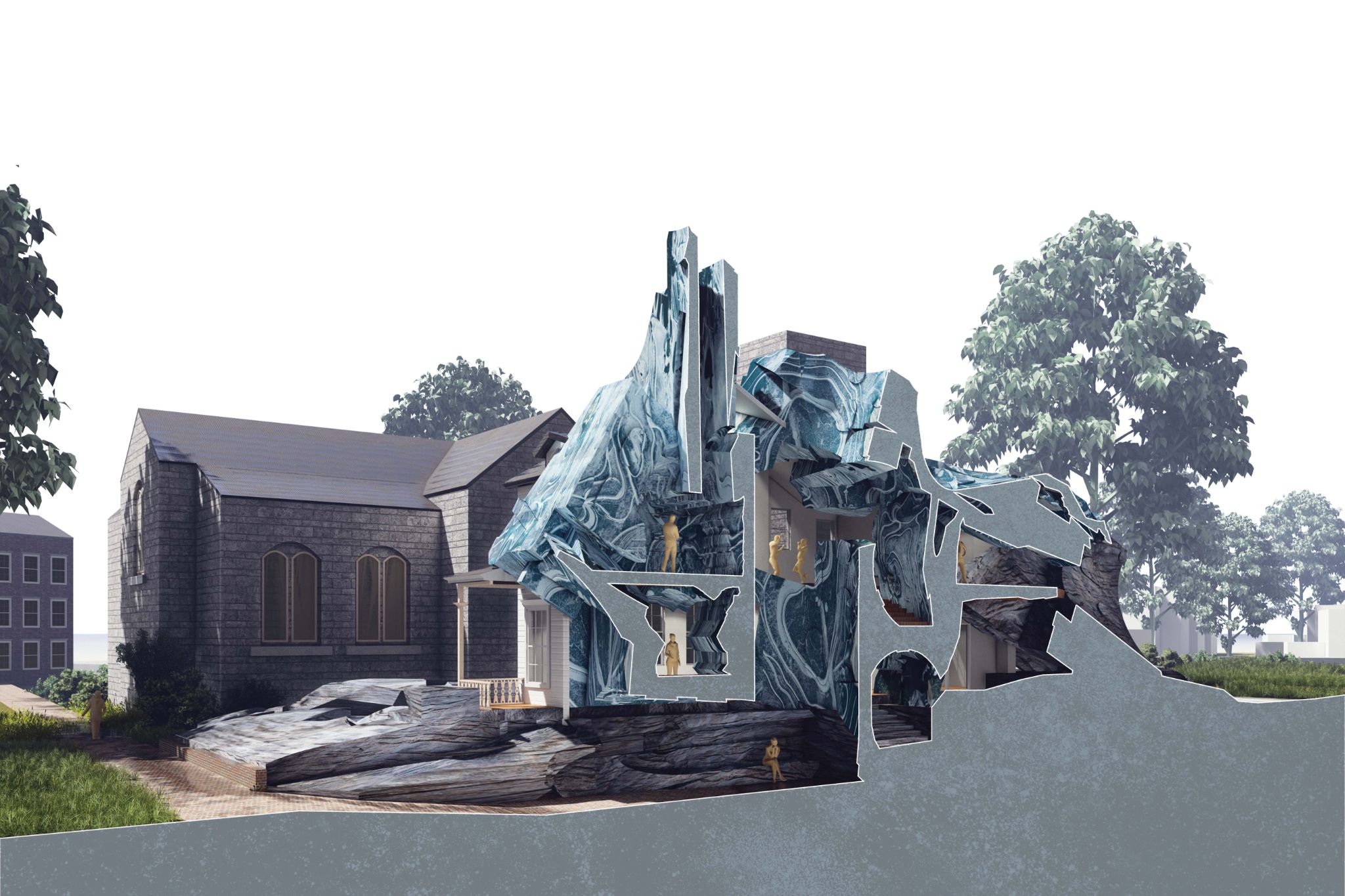 A architectural rendering showing the interior of a building. The front of the building is a sort of blue rock material while the back of the building is a more traditional structure similar to a church.